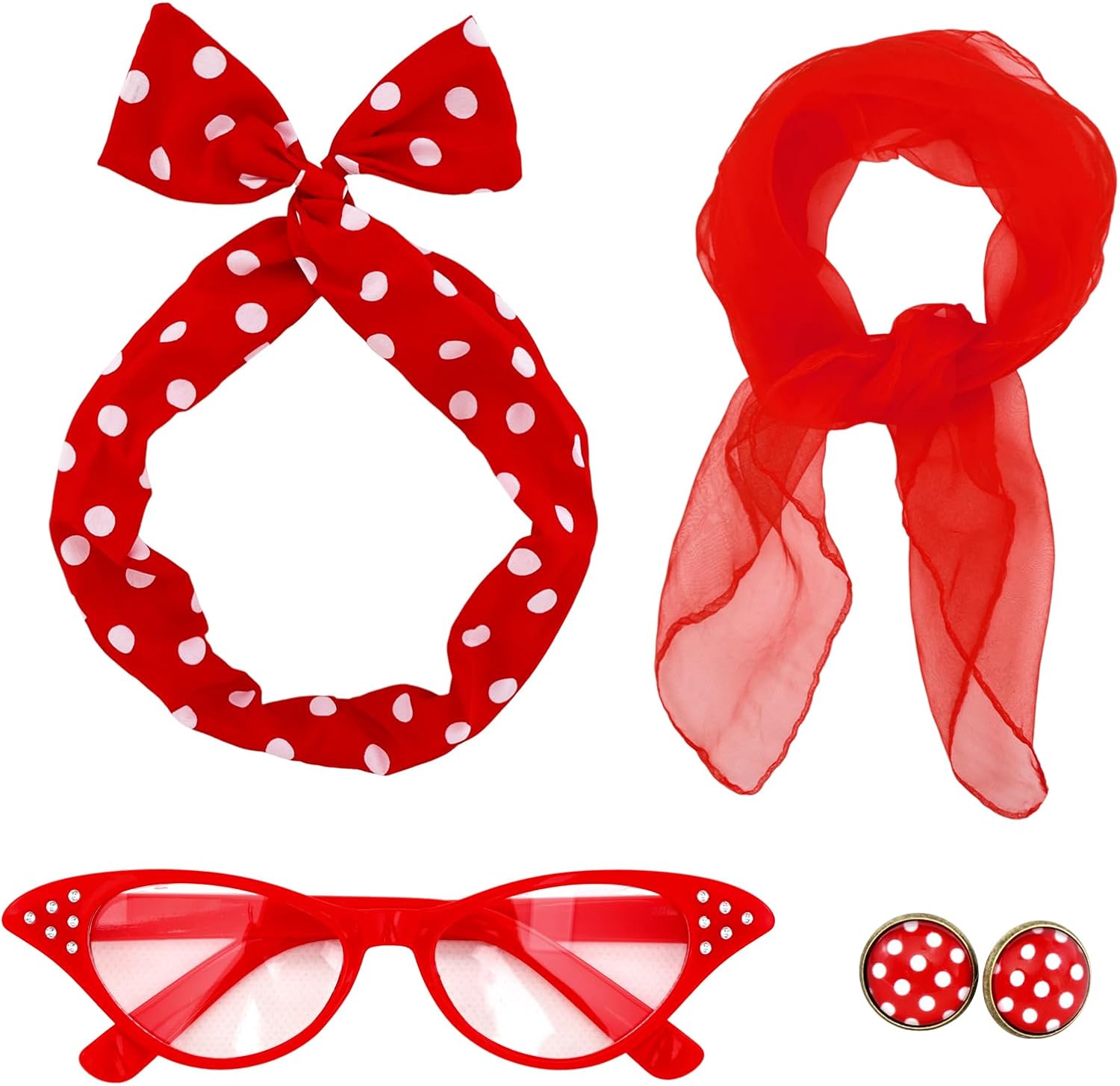 50s Set 50's Costume Accessories Chiffon Scarf Cat Eye Glasses Bandana Tie Headband Earrings for Cosplay Party