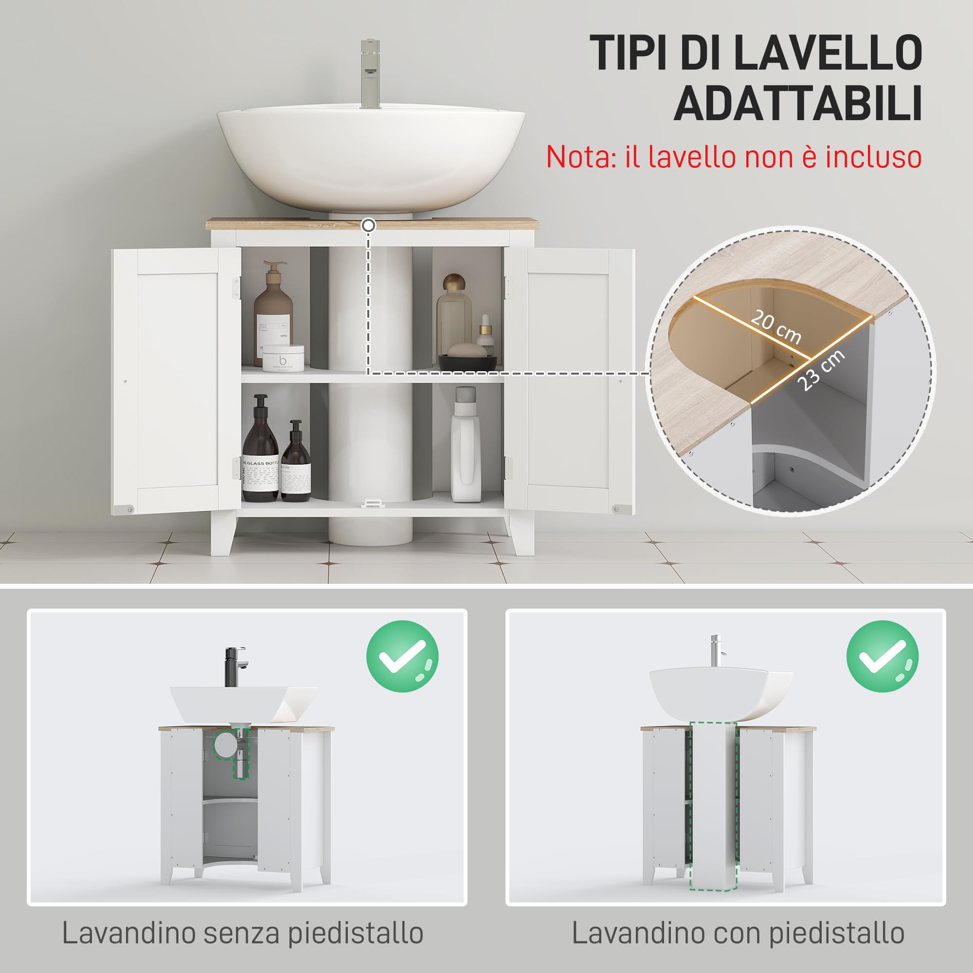 kleankin Mueble bajo Lavabo Mueble de Baño con 2 Puertas y Estante Ajustable Armario de Baño para Lavabo con o sin Pedestal Estilo Moderno 60x30x60 cm Blanco