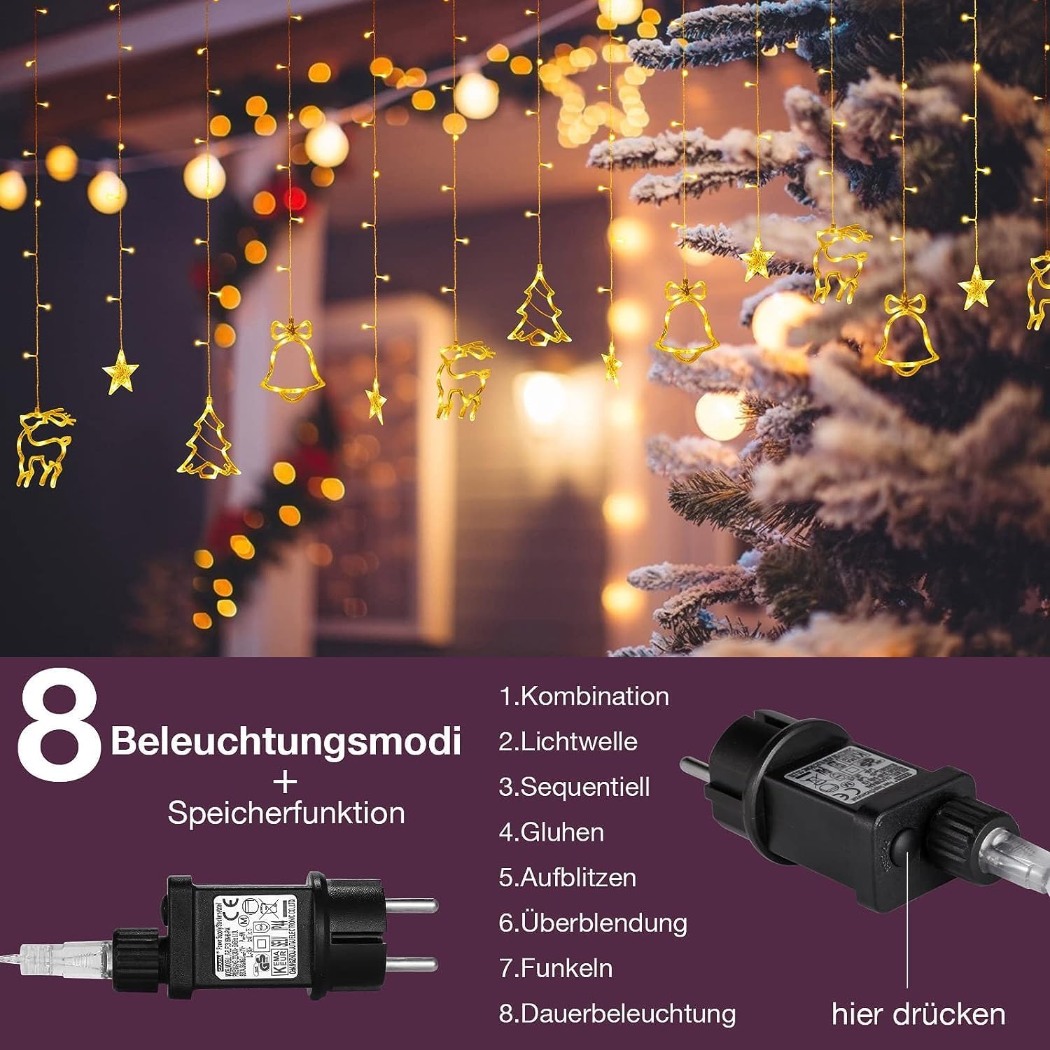 ELEUTH Tenda Luminosa Natale con 12 Stelle LED,138LED Luci di Natale da Esterno Interno IP44 Luci di Natale Catena Luminosa con 8 Modalità per La Casa,Balcone,Finestra,Giardino Decorazioni Natalizie