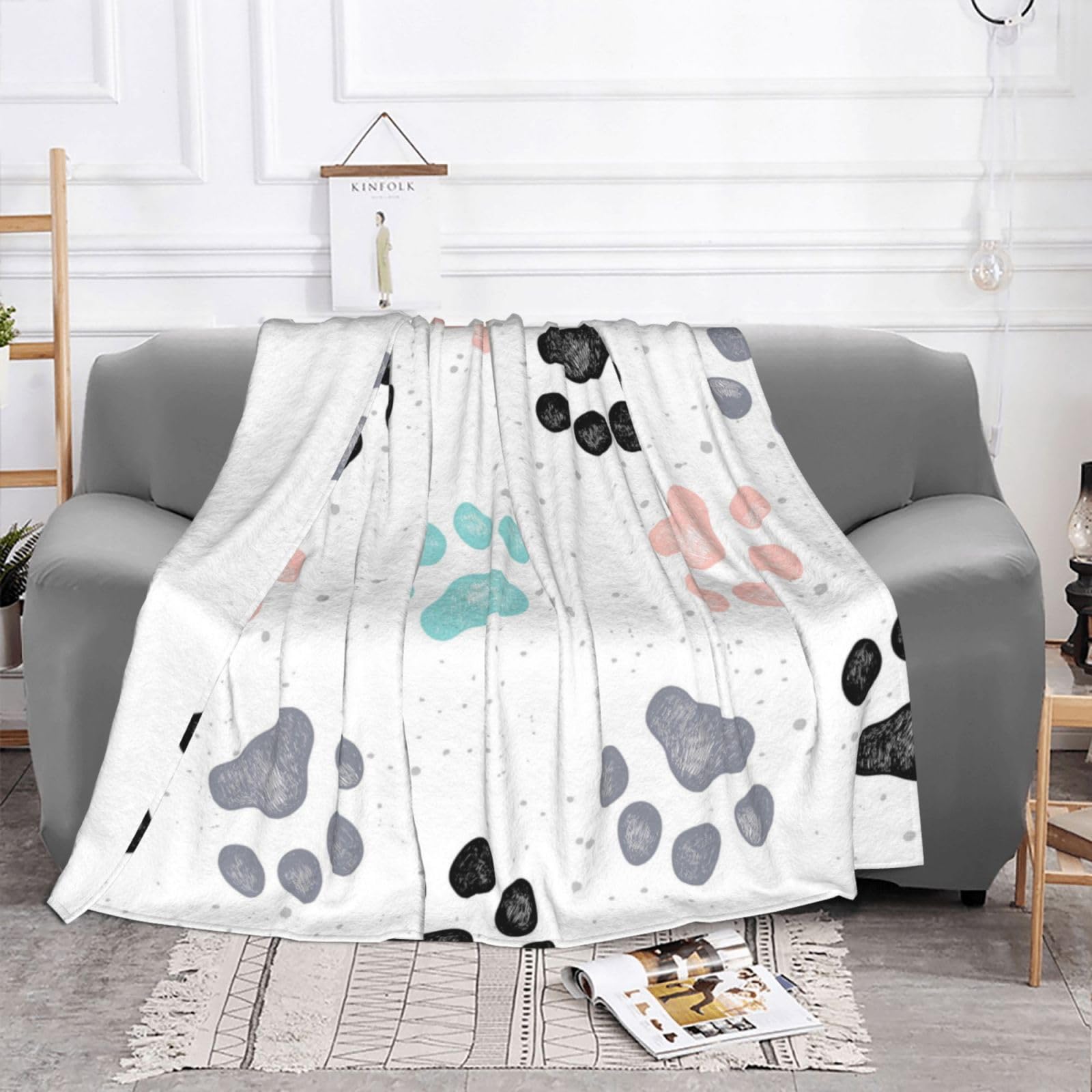 Empreintes de Pattes de Chien,Couverture en Flanelle Douce et Polaire pour lit, canapé, Voyage,80"x60"