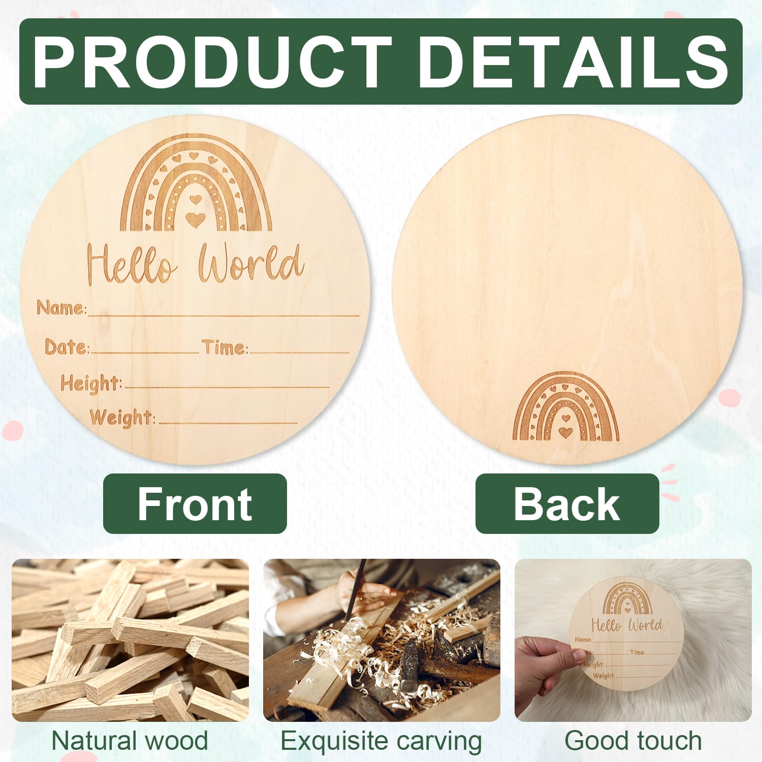 Carte Milestone Neonato, 15cm Doppio Lato Legno Rotondo Cartello per Neonato Hello World con Tampone di Inchiostro per Impronte di Mani e Piedi del Bambino per Ospedale e Annunci di Neonati