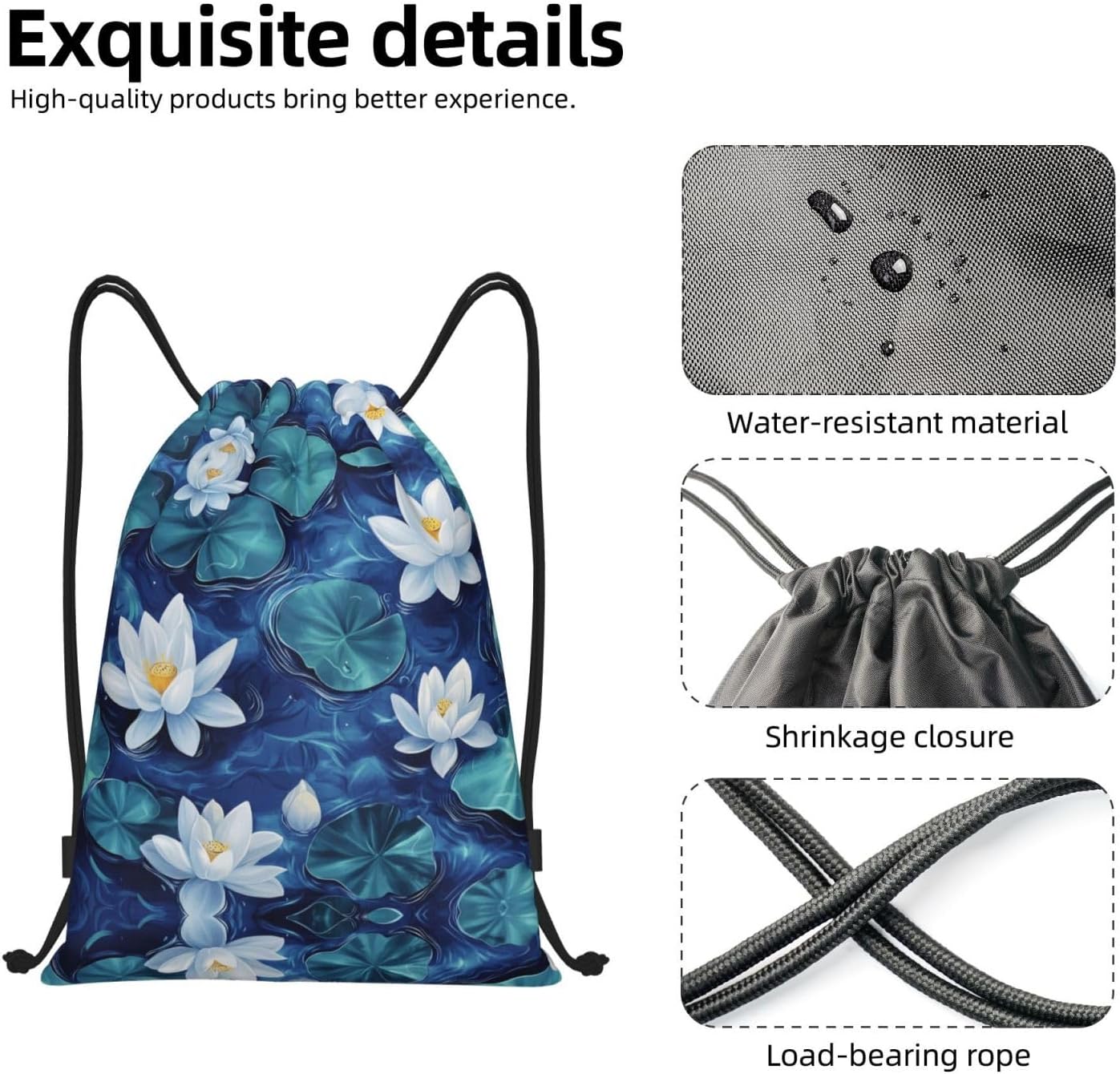 White Lotus Print Lightweight Drawstring Backpack Stylish Gym Bag and Beach Bag for Travel and Fitness