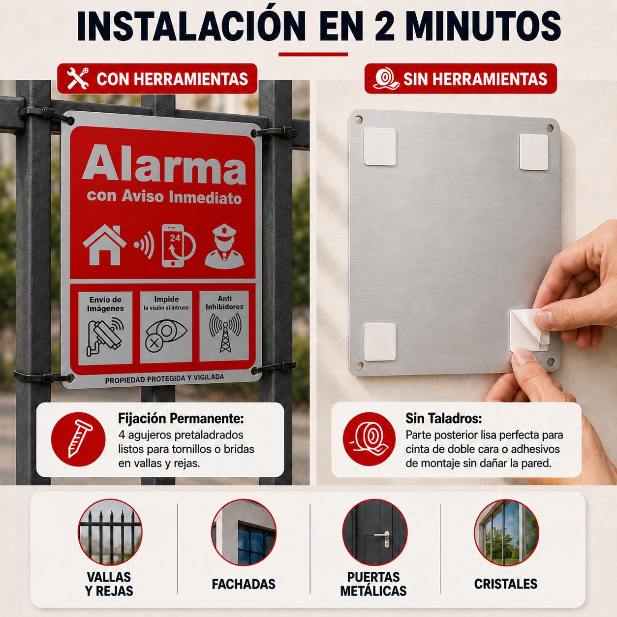 Lot de 2 panneaux d'alarme Dibond 20 x 30 cm + 4 autocollants d'alarme
