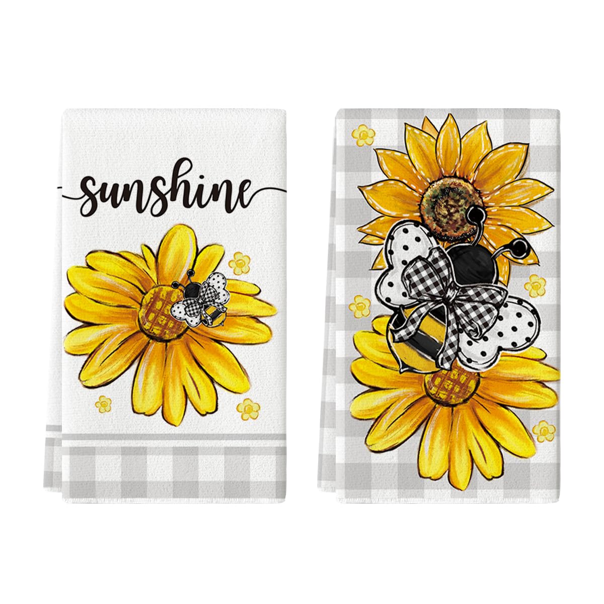 Set Di 2 Asciugamani Da Cucina A Quadri Con Girasoli - 42x65cm, Assorbenti E Decorativi | Stile Estivo - Foto 4