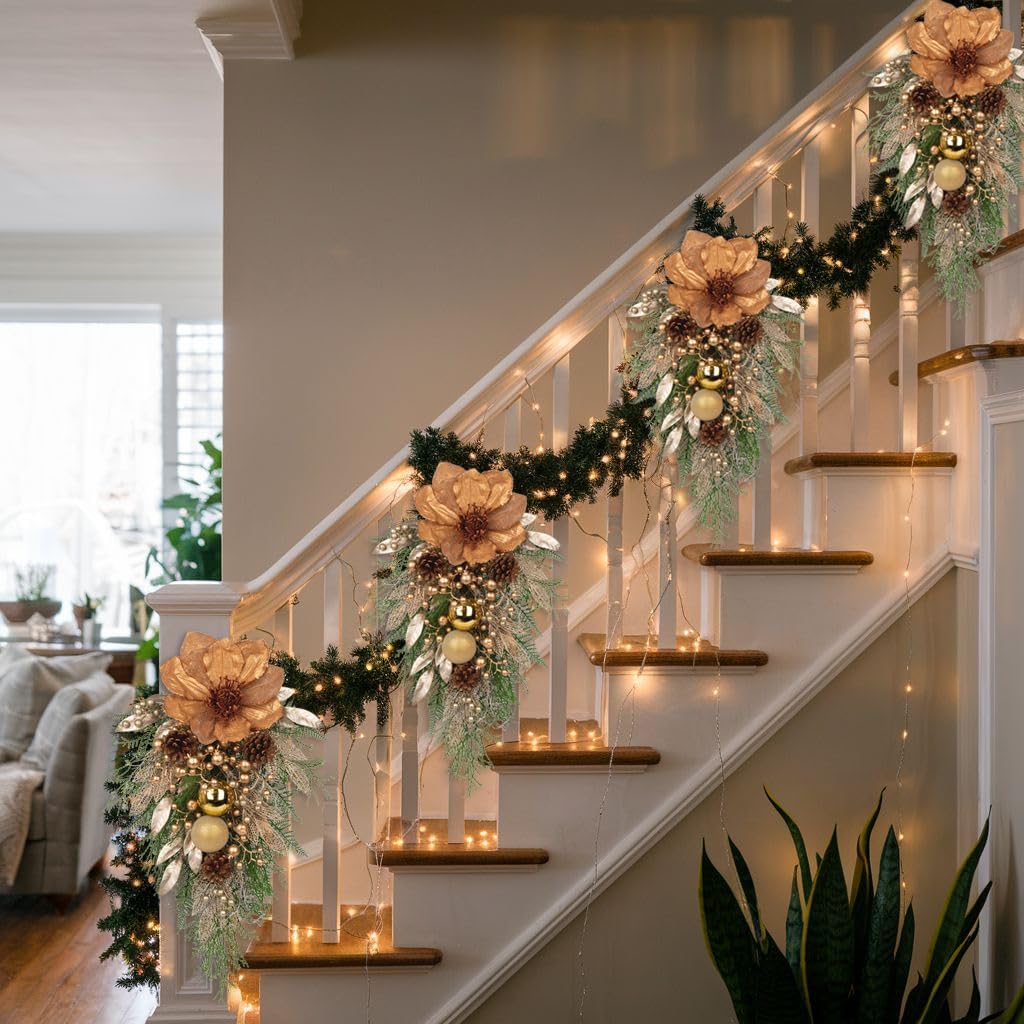 27" Champagne Artificial Christmas Teardrop Swag with Magnolia, Gold Christmas Balls, Berries Leaves Branches Pine Cones Pine Needles for Front Door, Home Window Indoor Outdoor Xmas & Holiday Decor