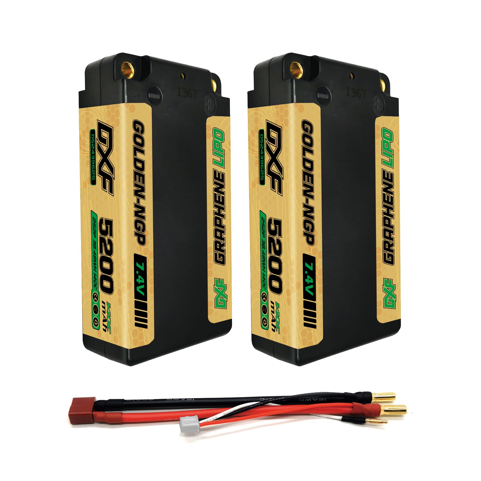 Batteria LiPo DXF 2S 7,4 V 120 C 5200 mAh Custodia rigida corta con connettore a sfera da 5,0 mm a T Deans per auto RC, camion RC, aeroplano, elicottero, barca, buggy, ala (2 confezioni)