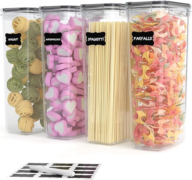 Airtight Tall Food Storage Container Set, 4 Pk 2.8L Spaghetti Containers for Pantry Organization and Storage, Kitchen Storage Containers for Pasta and Noodles, Plastic Canisters with Durable Lids
