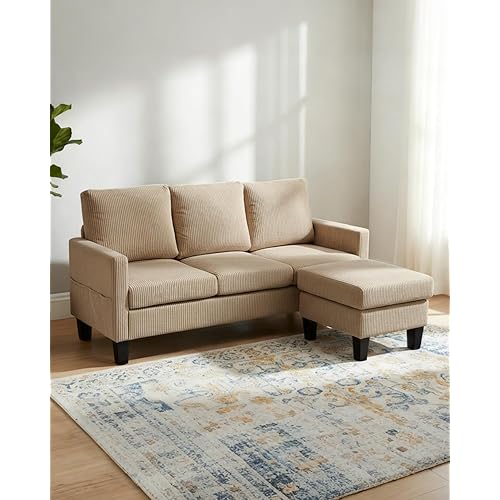 Karl home Small Sectional Couch L Shaped Sofa with Movable Storage Ottoman Corduroy Upholostered Sofa Chaise with Side Pockets for Living Room, Apartment, Studio, Khaki