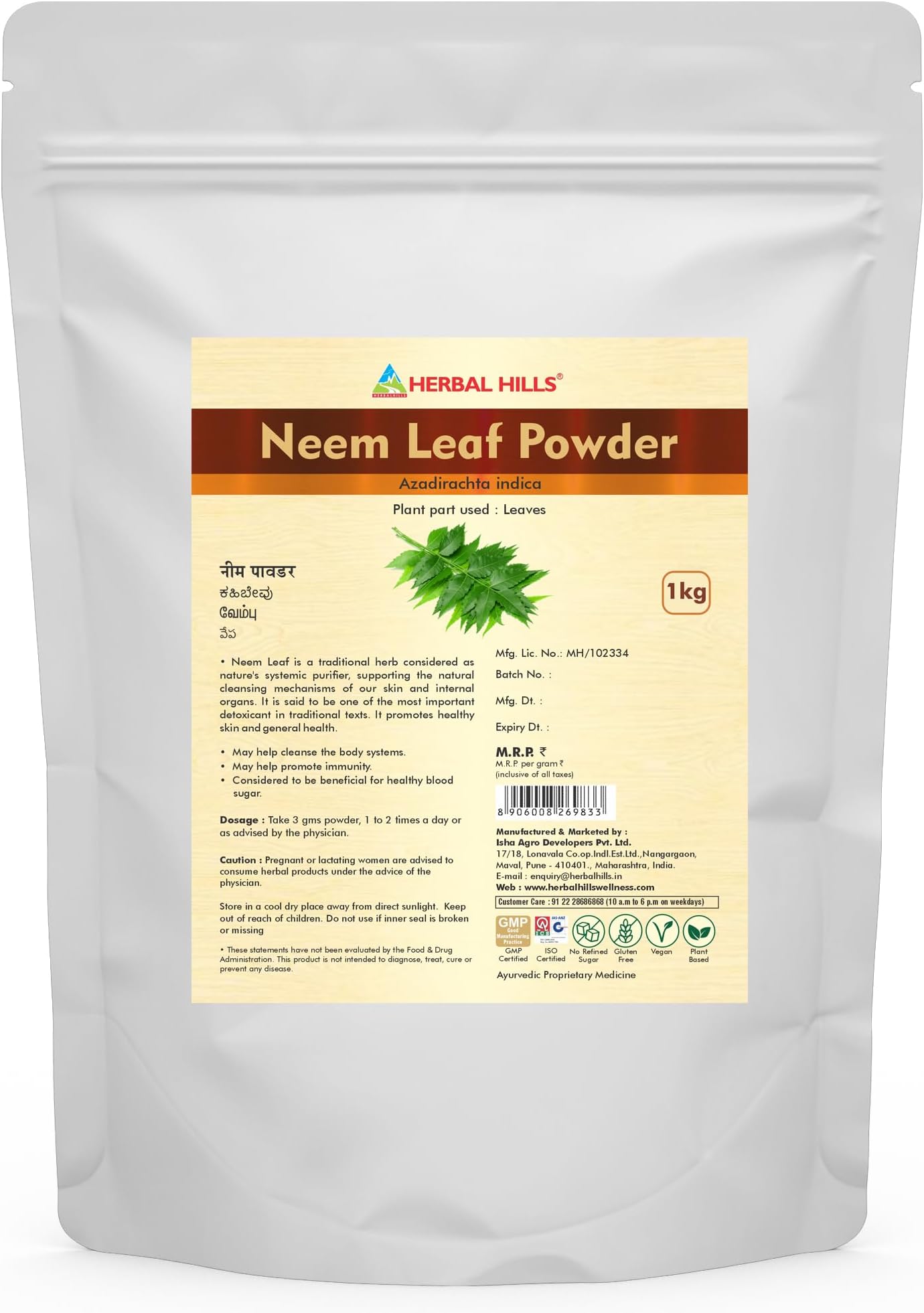 Herbal Hills Neem Powder, (1kg Pack) | Supports Clear Skin, Acne Control & Hair Growth | Neem Churna For Pimple-Free Face & Scalp Detox | With Azadirachta Indica Leaf