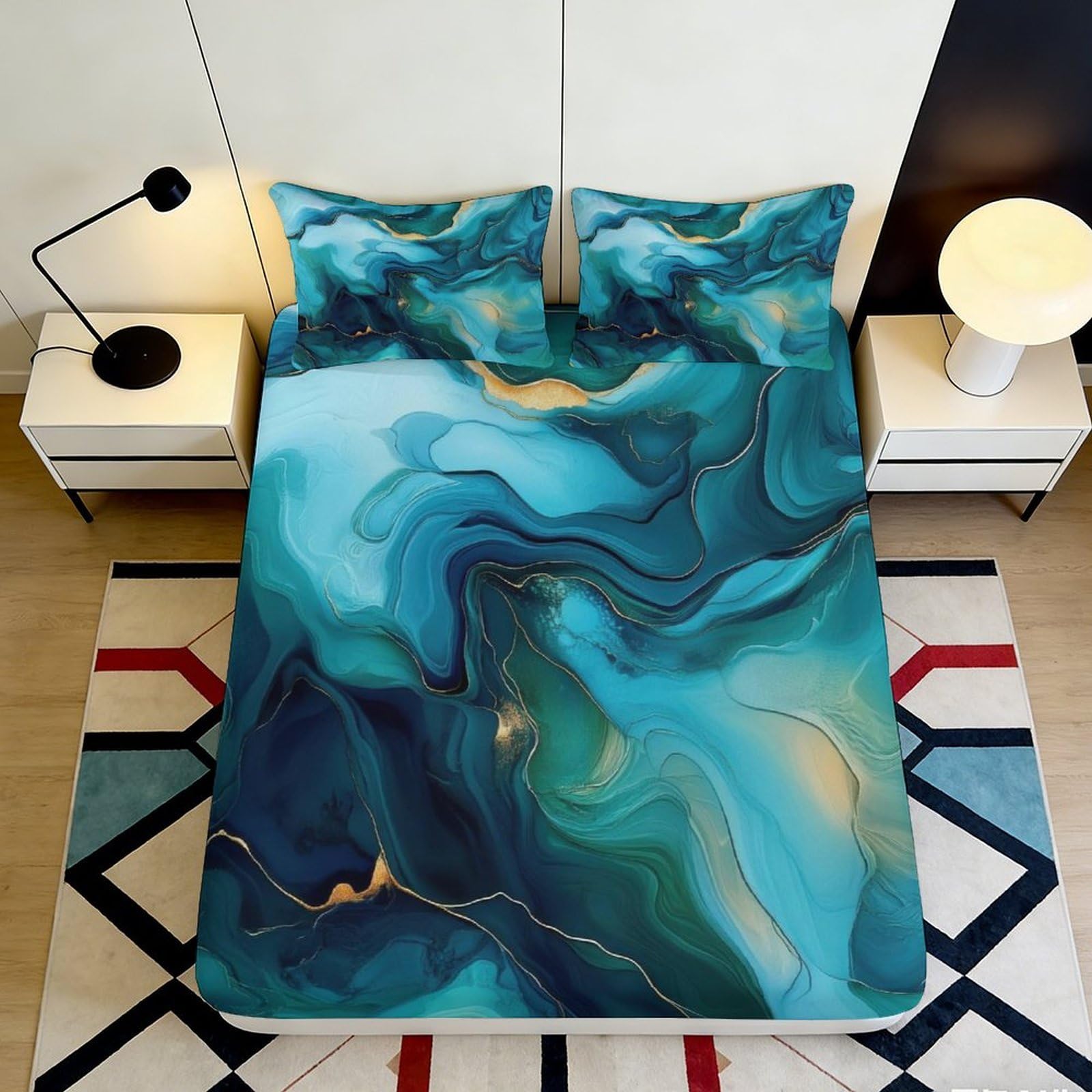 3D Printed Blue Marble Fitted Sheet Microfiber Soft Breathable Ocean Wave Mattress Cover for Bedroom Dormitory Guest Room Bed Protection Decor 120x200x25cm