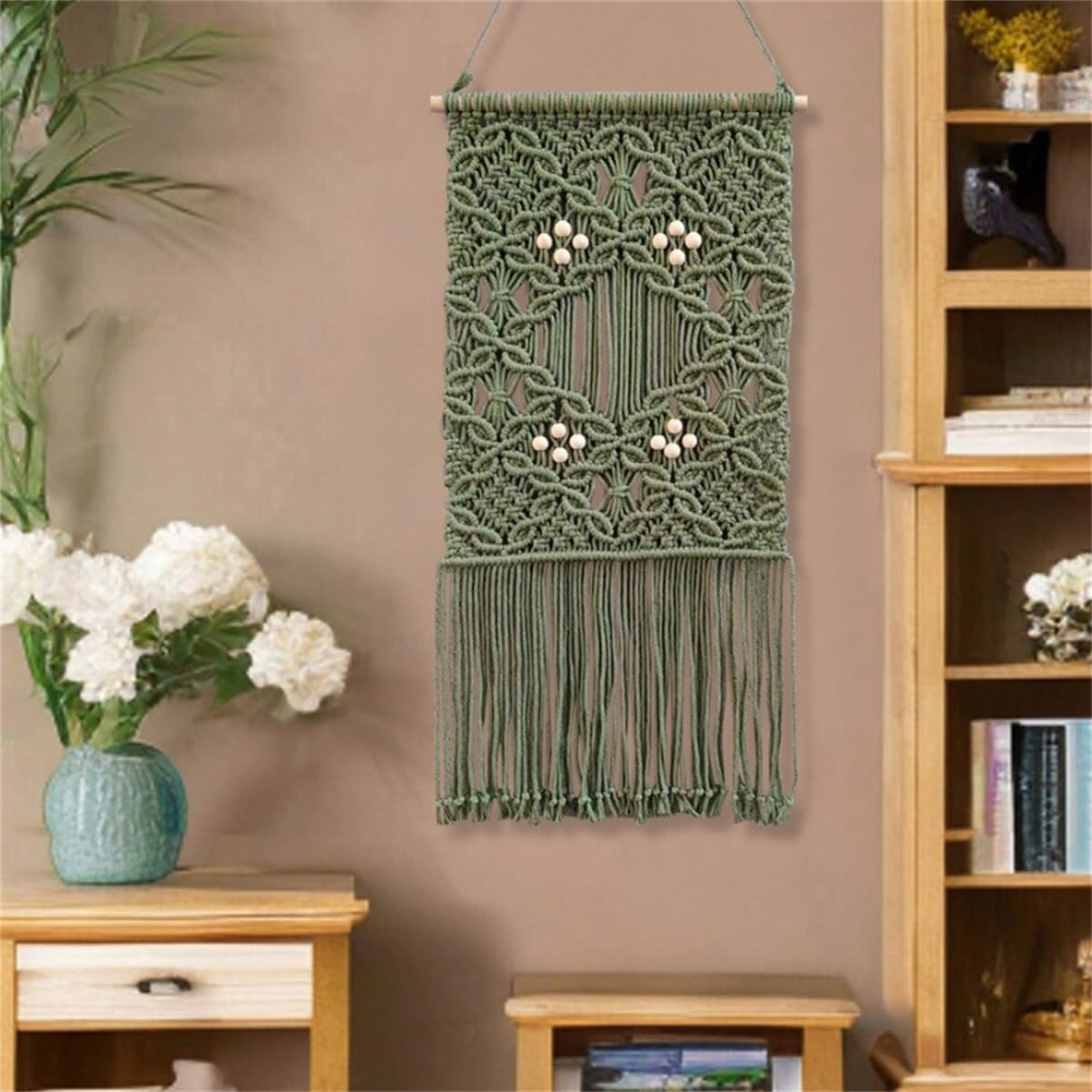 Wandbehang Tapisserie mit Blumenmuster Handgewebte Baumwolle Dekor mit Holzperlen & Quasten Boho Stil für Wohnzimmer Schlafzimmer