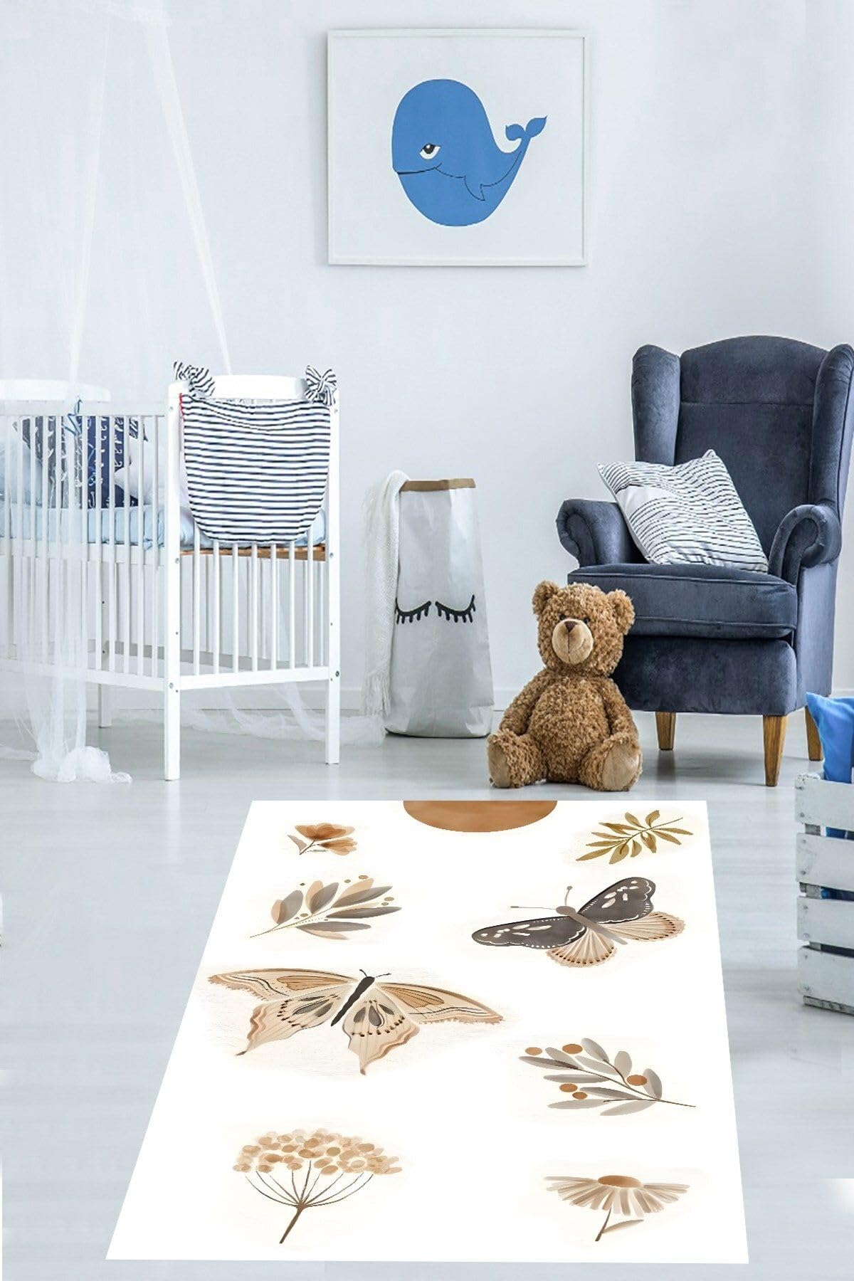 Pelangi Kelebek Desen Minimalist Yıkanabilir Kaymaz Taban Leke Tutmaz Çocuk Odası Halısı, Beyaz-Kahverengi-Bej 60 x 120, 764201196012005