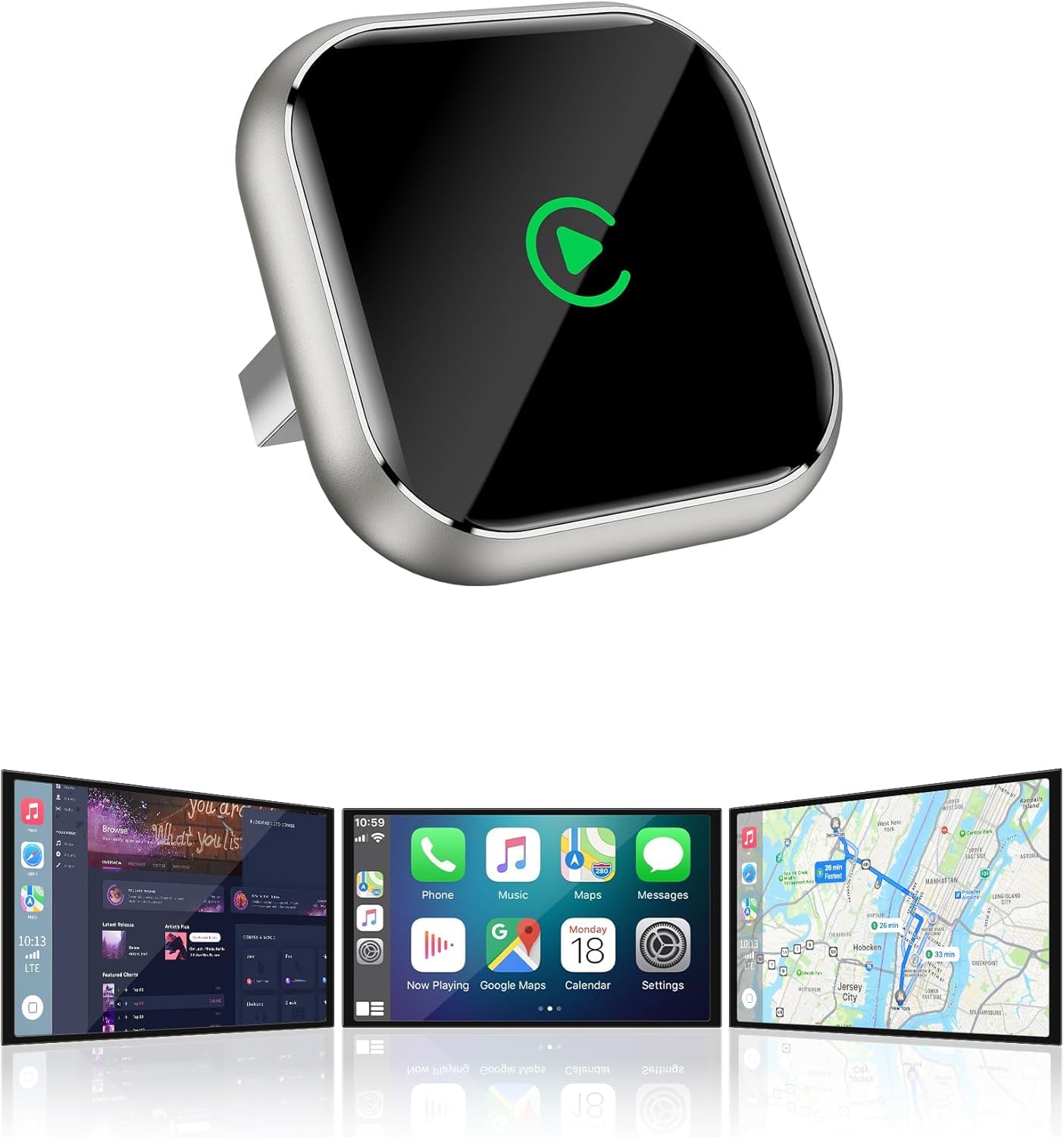 Boîtier CarPlay sans Fil pour GPS Portable pour Voiture – pour écran monté sur Tableau de Bord, convertit CarPlay Filaire en sans Fil, Compatible système d’Origine (2016+) Uniquement pour iPhone