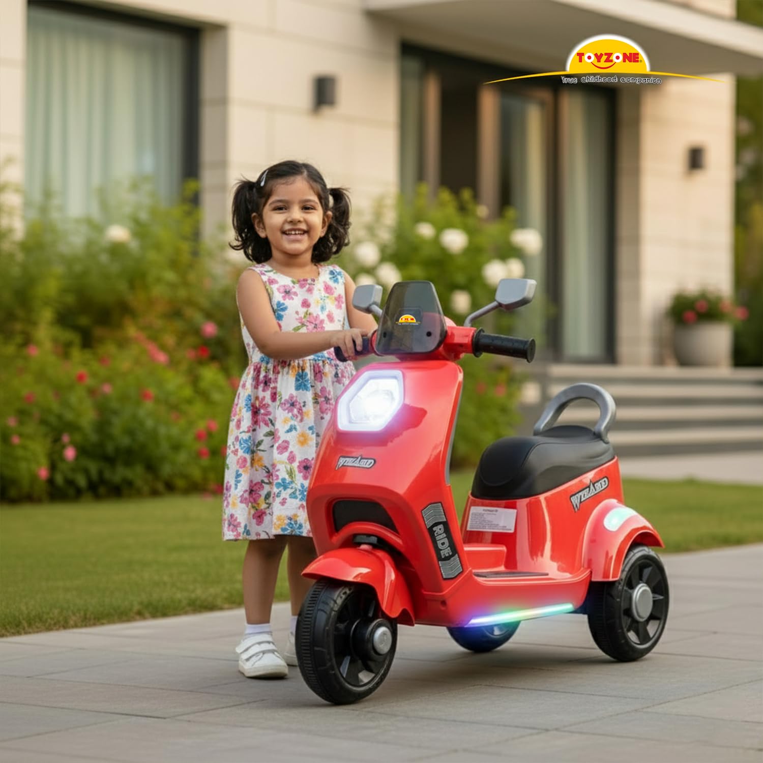Toyzone Wizard Electric Scooty | Rechargeable Scooty 6V | Powered by 6.5 ah Battery | Music Player with Bluetoooth & USB | 6 Month Warranty on Battery | Make in India | for Kids 2+ Years (Red) 1