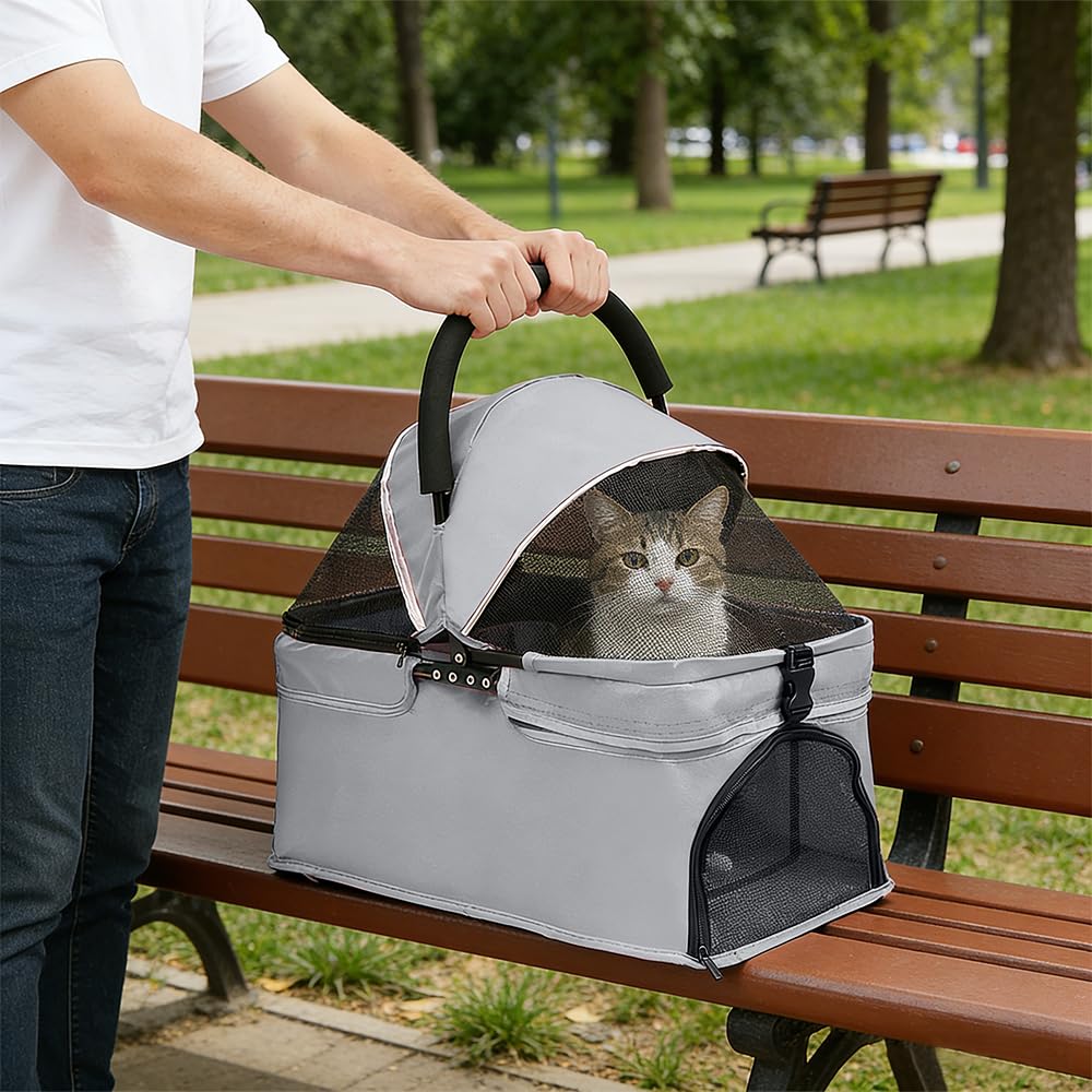 Homewell Faltbarer Hundebuggy für Hunde, Haustiere Buggy, Hundewagen mit abnehmbarer Transportbox, Getränkehaltern, Ablagefach und Netzfenstern, Klappbar, bis 20 kg (Grau)