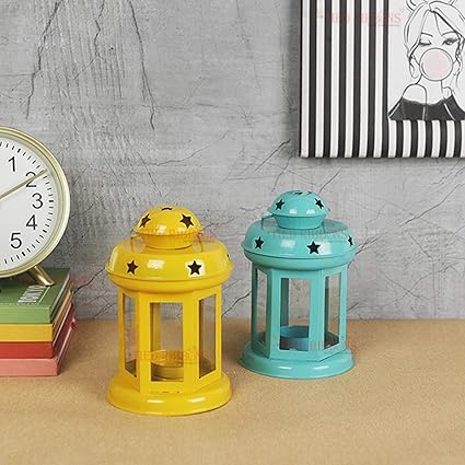 TIED RIBBONS Set of 2 Hanging Lantern Tea Light Candle Holder for Home Decoration - Christmas Decorations Items for Home Decor (Blue and Yellow) - Christmas Decor - Christmas Gifts