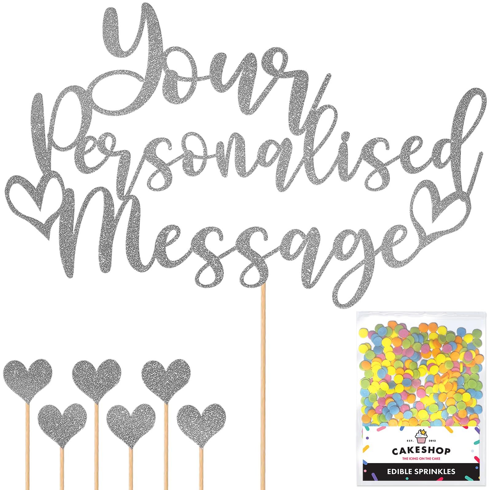 Any Text Personalised Glitter Cake Topper - Dark Silver Name, Age, Words Glitter Cake Decoration and Sprinkles - Happy Birthday Decorations - Personalised Toppers for Cakes by Cakeshop