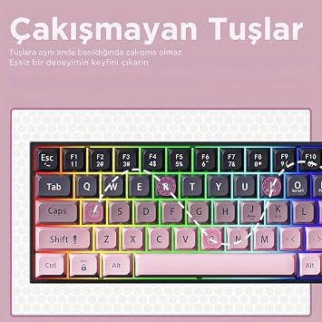 Coverzone 65% Kablolu Hotswap Mekanik Oyun Klavyesi,68 Tuşlu Taşınabilir Anti-Ghosting Klavye,Gökkuşağı Arkadan Aydınlatmalı Programlanabilir,Ergonomik, AJAZZ AK680 Pembe | Brown Switch