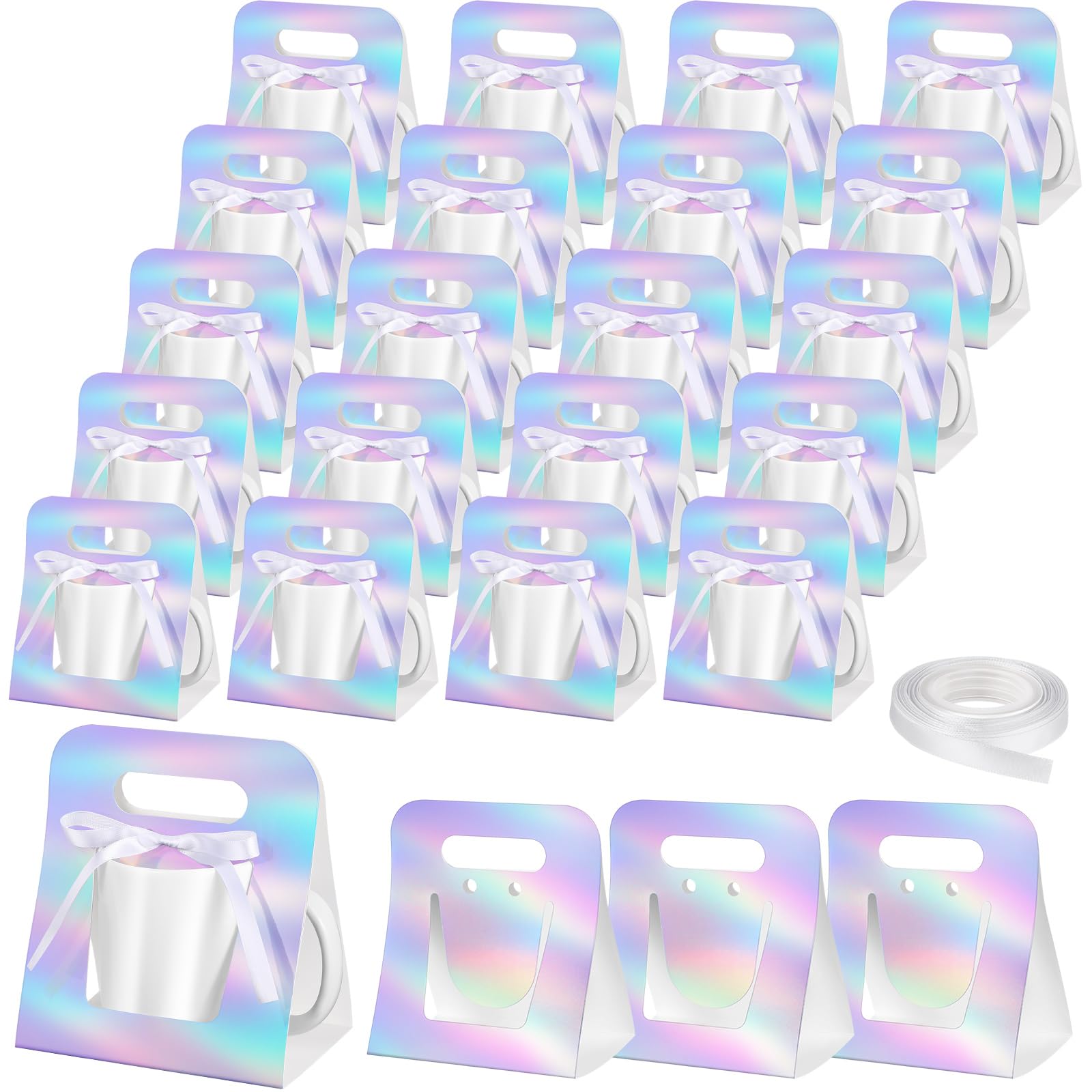 Motipuns 24 Pack Mug Boxes for Gifts 11 oz Coffee Mug Gift Boxes with 1 Roll Ribbon Sublimation Cups Packaging Bags for Sublimation Coffee Cups Blanks Wrapping(Laser Color)