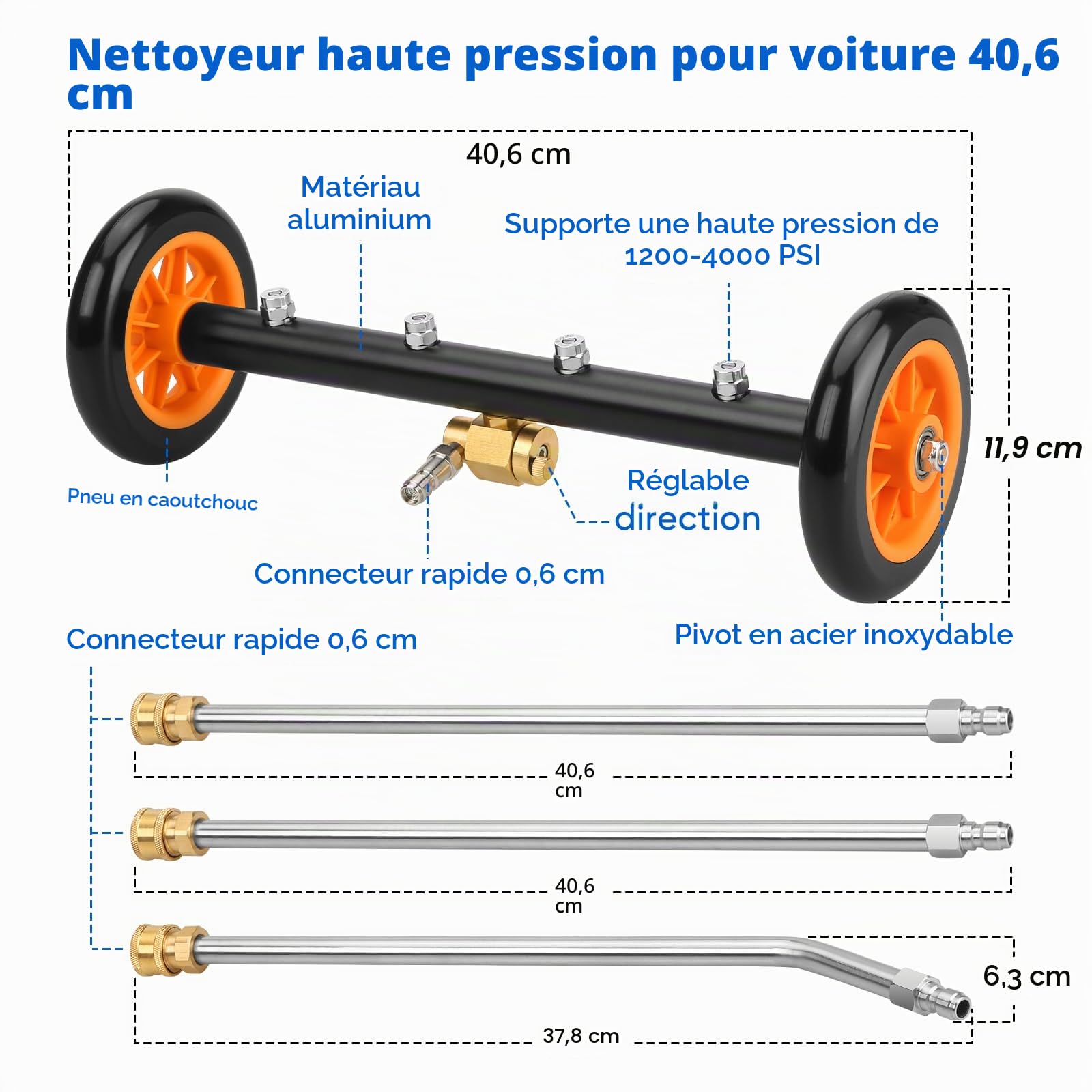 Nettoyeur de Train de Roulement 2-en-1 avec Brosse à moyeu, 16 Pouces | Balai à Eau de Lavage de Voiture, Nettoyeur Haute Pression, Nettoyeur de Surface 1200-4000 PSI