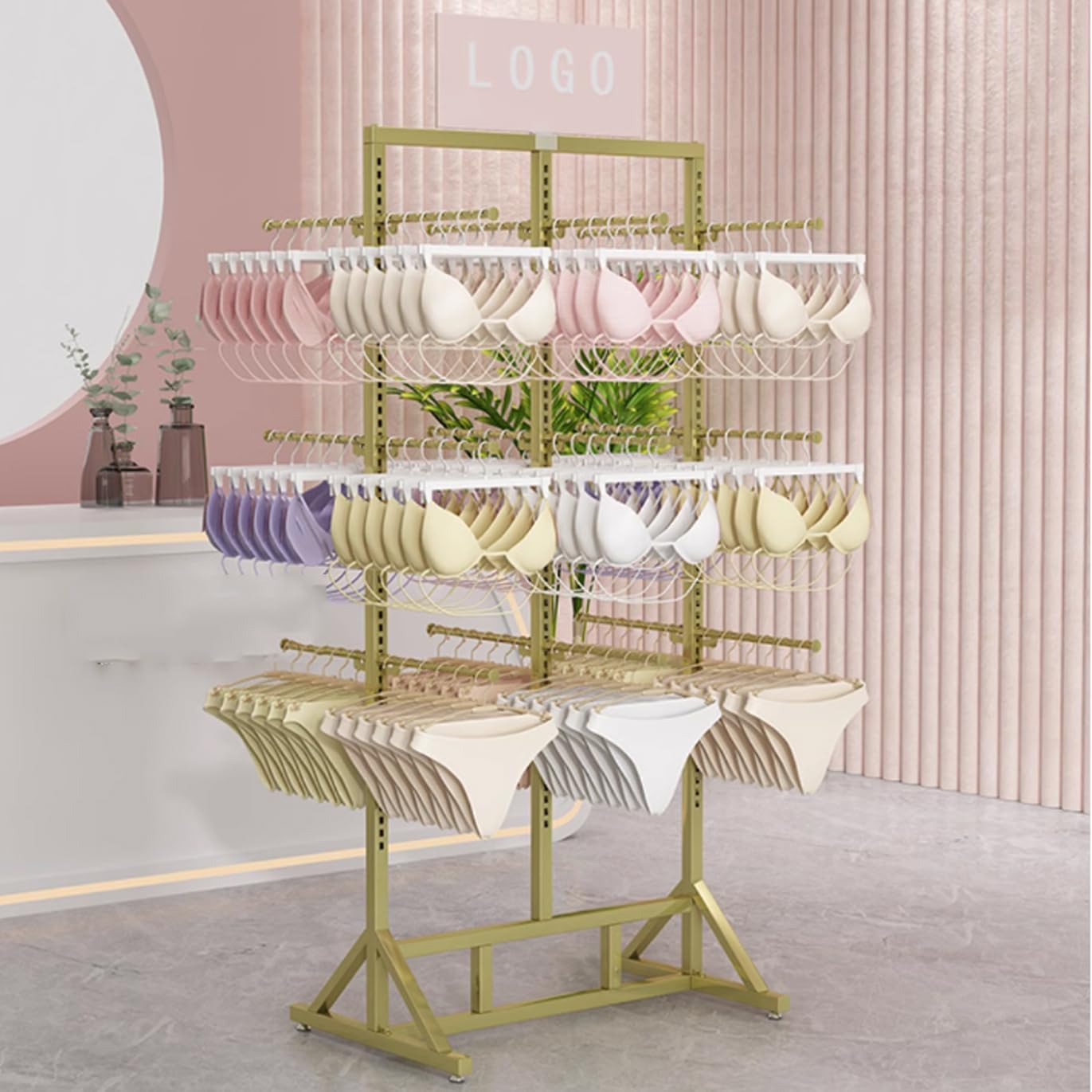 Floor-Standing Lingerie Display Organizer, Retail Storage Stand for Underwear, Bras & Accessories - Store Fixture(Gold1-130X40X65Cm)