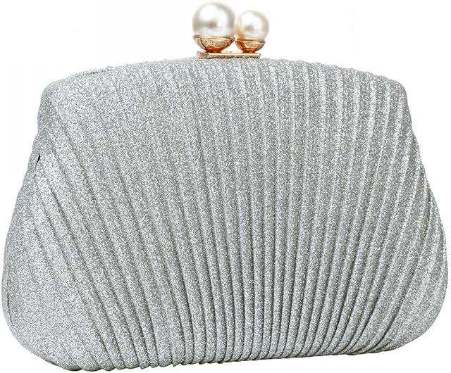Women Evening Clutch, Elegant Clutch Bag Pearl lock Purse Bag Chain Shoulder Bags Evening Bridal Prom Party Handbag Purse (Silver)