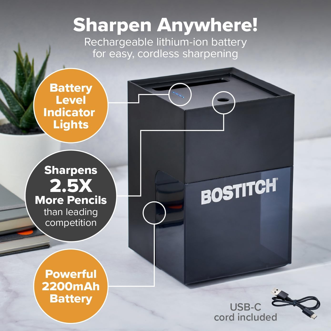 Bostitch Konnect Rechargeable Battery Pencil Sharpener for KT2 Desk Organizer No.2/Colored Pencils, Black