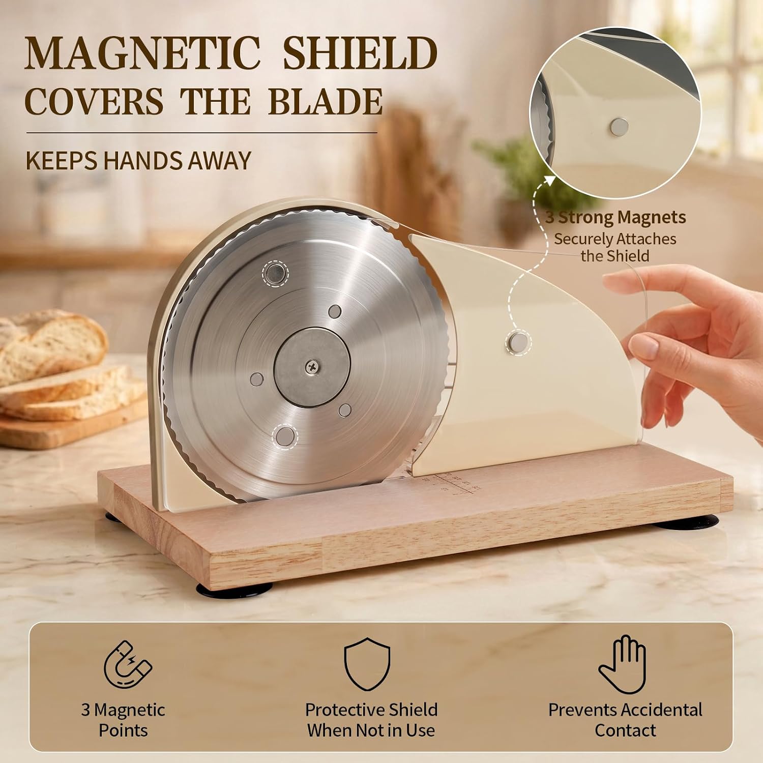 Sourdough Bread Slicer for Homemade Bread, Manual Hand Crank Bread Cutter with Adjustable Thickness for Even Slices, Slicing Guide & Protective Blade Shield, Wood Base with Suction Cups(Beige)