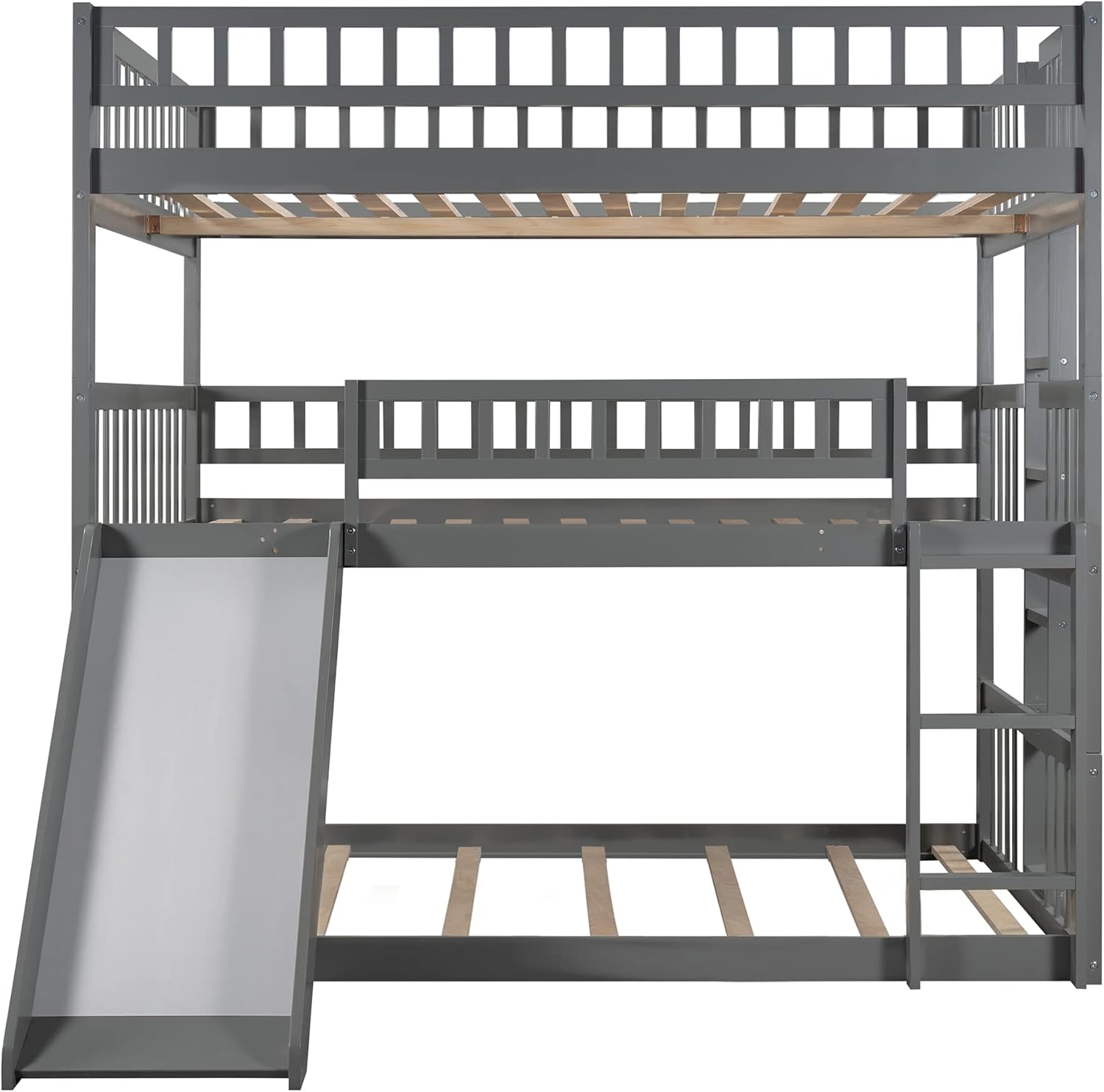 Harper & Bright Designs Triple Bunk Bed with Slide, Full-Over-Full-Over-Full Triple Bed Frame with Built-in Ladder and Guardrails for Kids, Gray