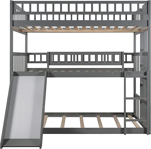 Miniatura 6 de Literas triples 3 camas en 1 con tobogán convertible literas de madera maciza de tamaño matrimonial sobre matrimonial litera triple con escalera y