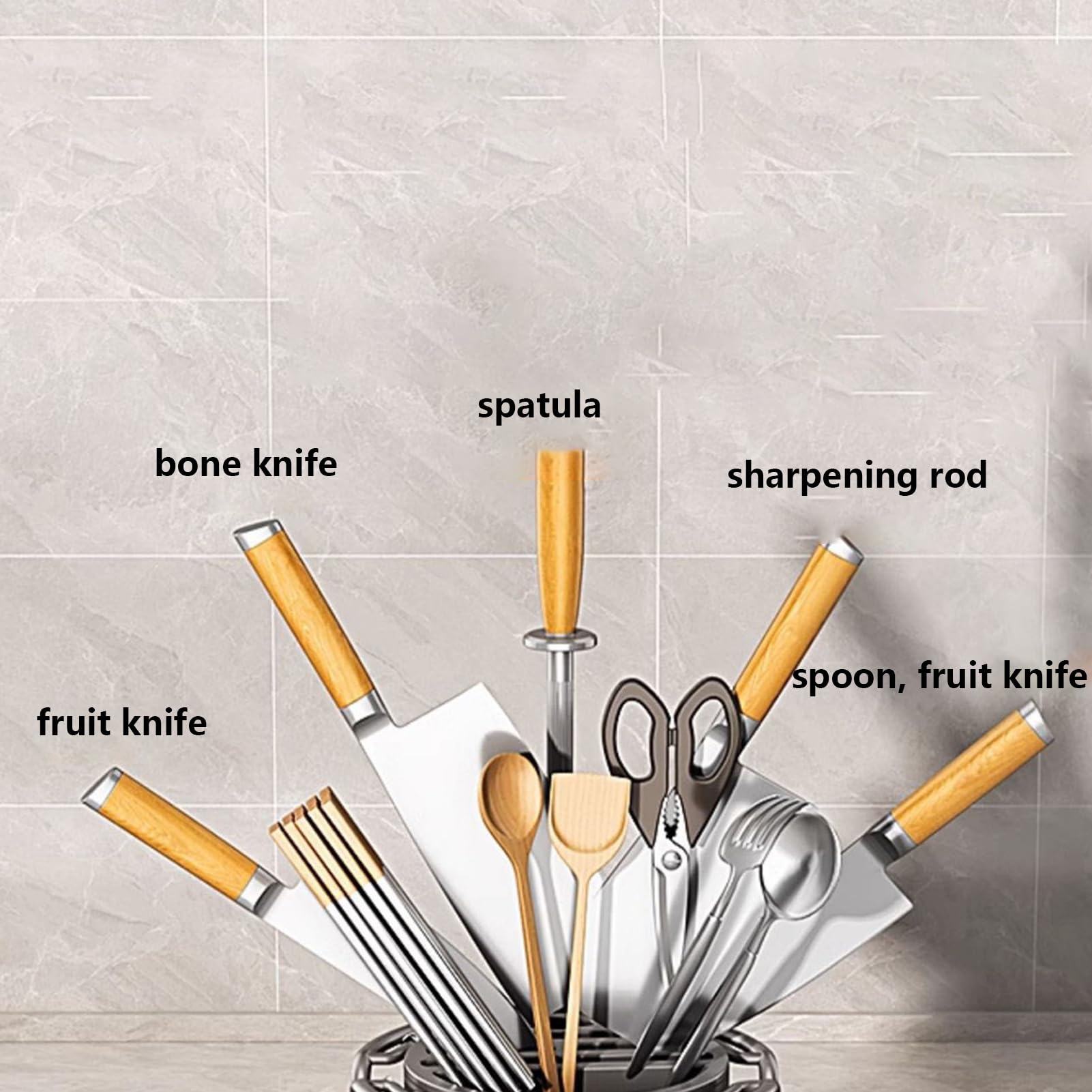 awakentti Support d'ustensiles de cuisine, support rotatif à 360 degrés avec crochets, organisateur d'ustensiles, support de rangement antirouille pour spatules, baguettes, coupe-fruits (B)