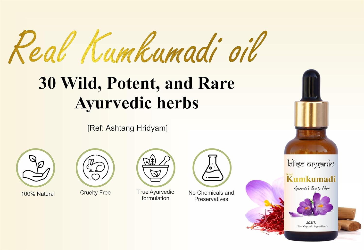 Real Kumkumadi oil - 100% Pure and Natural, Chemical Free, Serum Face Oil, Made with Potent and Rare 30 wild Herbs, Enriched with Saffron and sandalwood and, Non GMO - Image 5