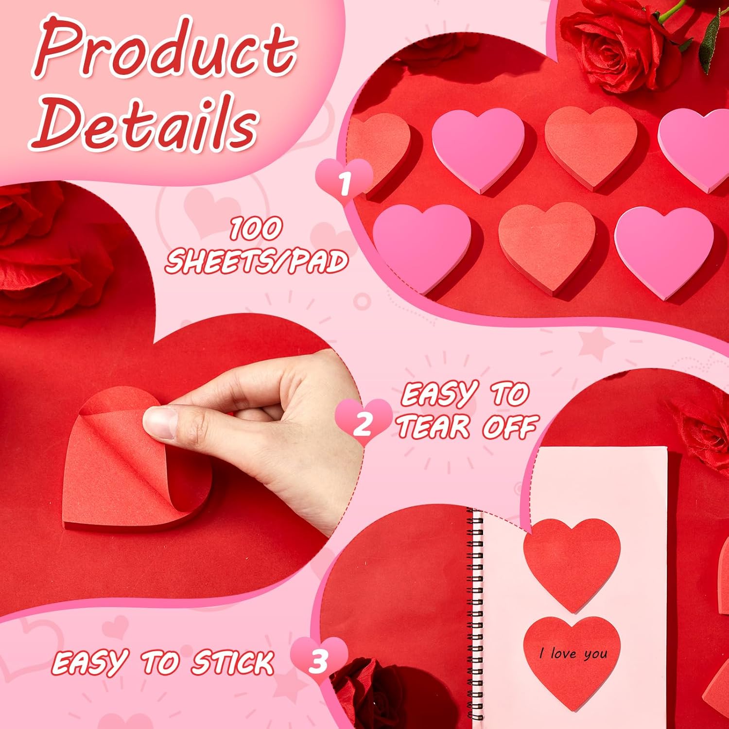 Jetec 48 Pcs Mother's Day Heart Sticky Notepads 3 x 3 Inch Bright Color Self Sticky Notes Cute Memo Pads for Men Women Wedding Birthday Party, 100 Sheets/pad (Pink and Red)