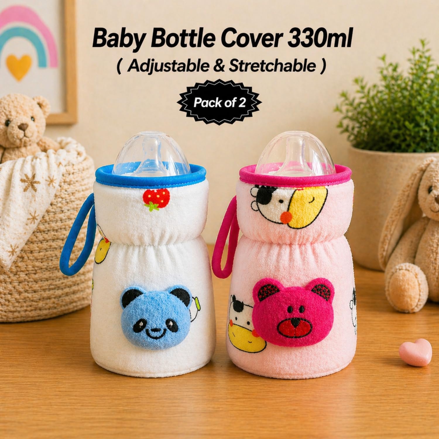 THE LITTLE LOOKERS Soft Plush Stretchable Baby Feeding Bottle Cover with Easy to Hold Strap | Cute Animated Overall Print Pack of 2 (Pink & Blue, Wide Neck 240-330ml/8-11oz) 2