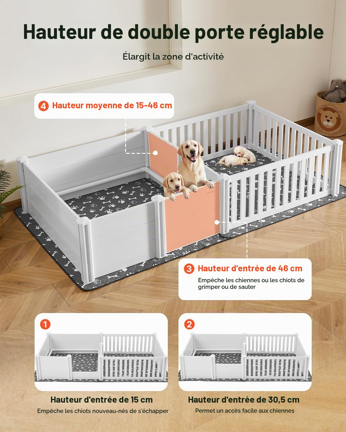 VEVOR Parc de Mise Bas pour Chien, 236x123x46 cm, Caisse de Mise Bas pour Chiots, avec Porte Hauteur Réglable, Tapis d'Urine Lavable, Boite de Naissance Plastique PVC pour Chiens de Très Grande Race