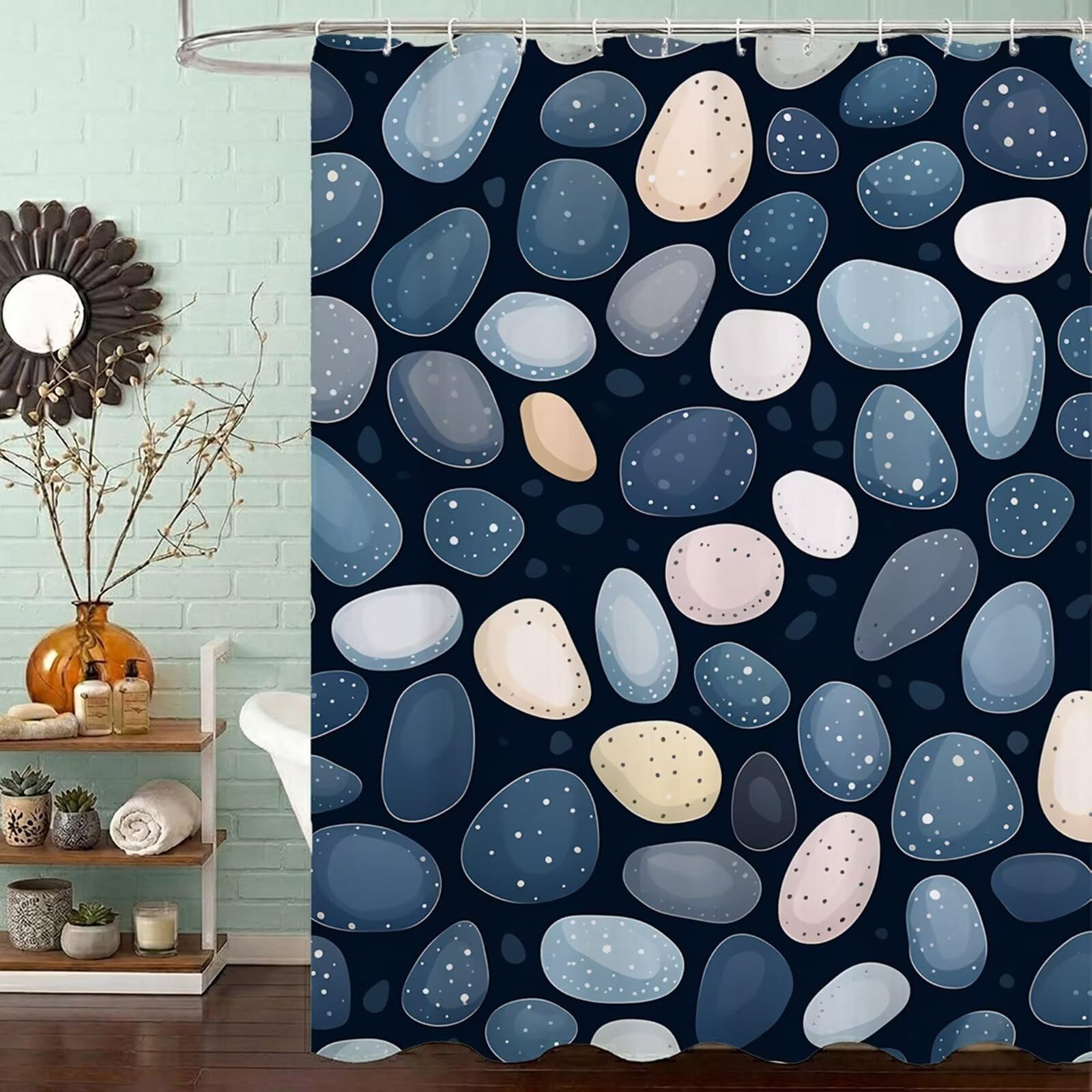 Rideau de douche anti moisissure en polyester aspect pierre bleu marine 160x180