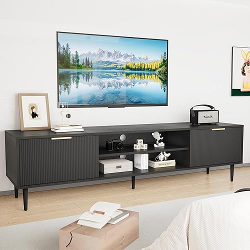 GarveeHome Soporte de TV negro, soporte de TV para sala de estar de 75 pulgadas, centro de entretenimiento con 2 armarios de almacenamiento grandes,