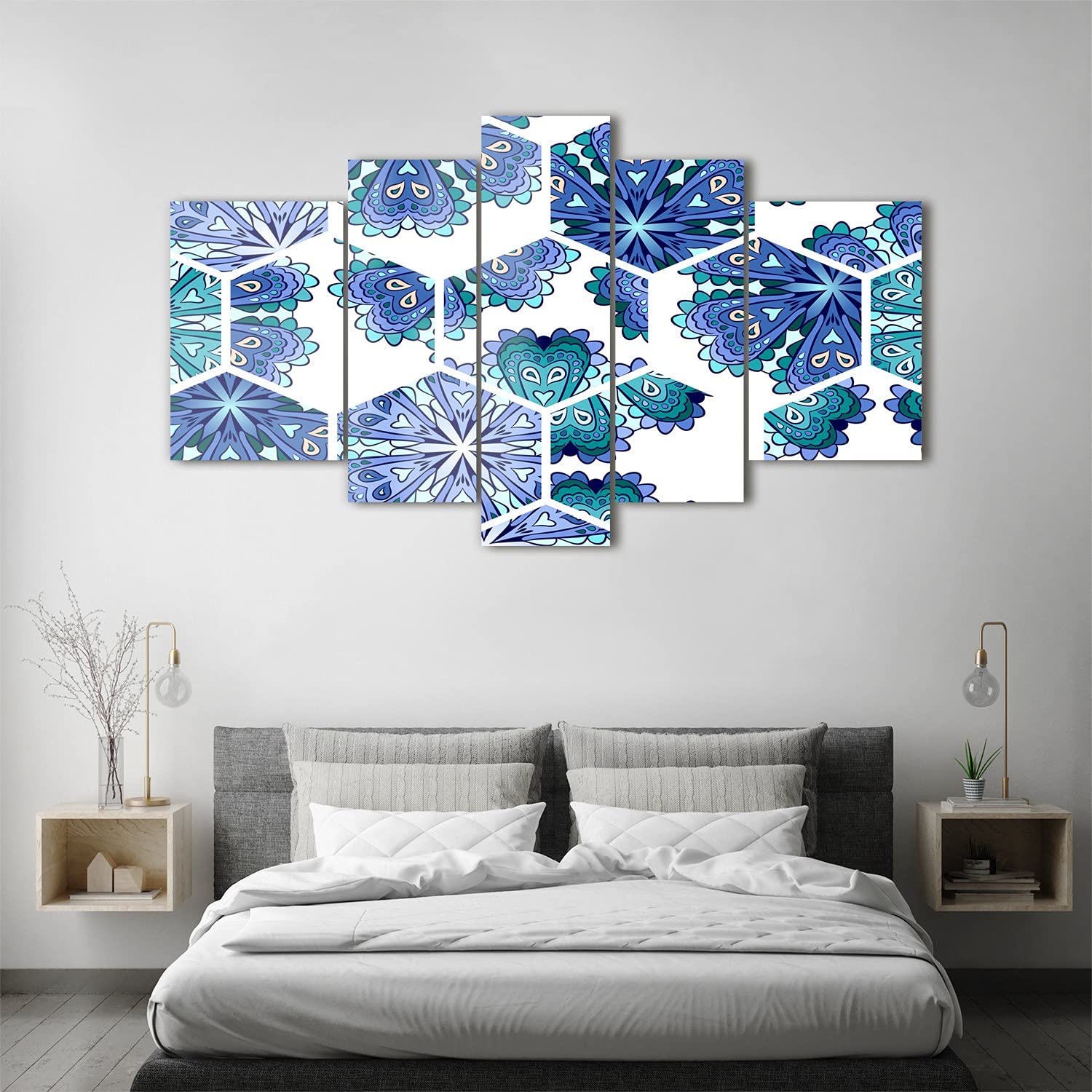 Tulup Glasbild Wandbild 170x100cm Wandkunst 5 Teile Gehärtetem Sicherheitsglas Küche & Wohnzimmer Akrylglas - Elemente Mandala