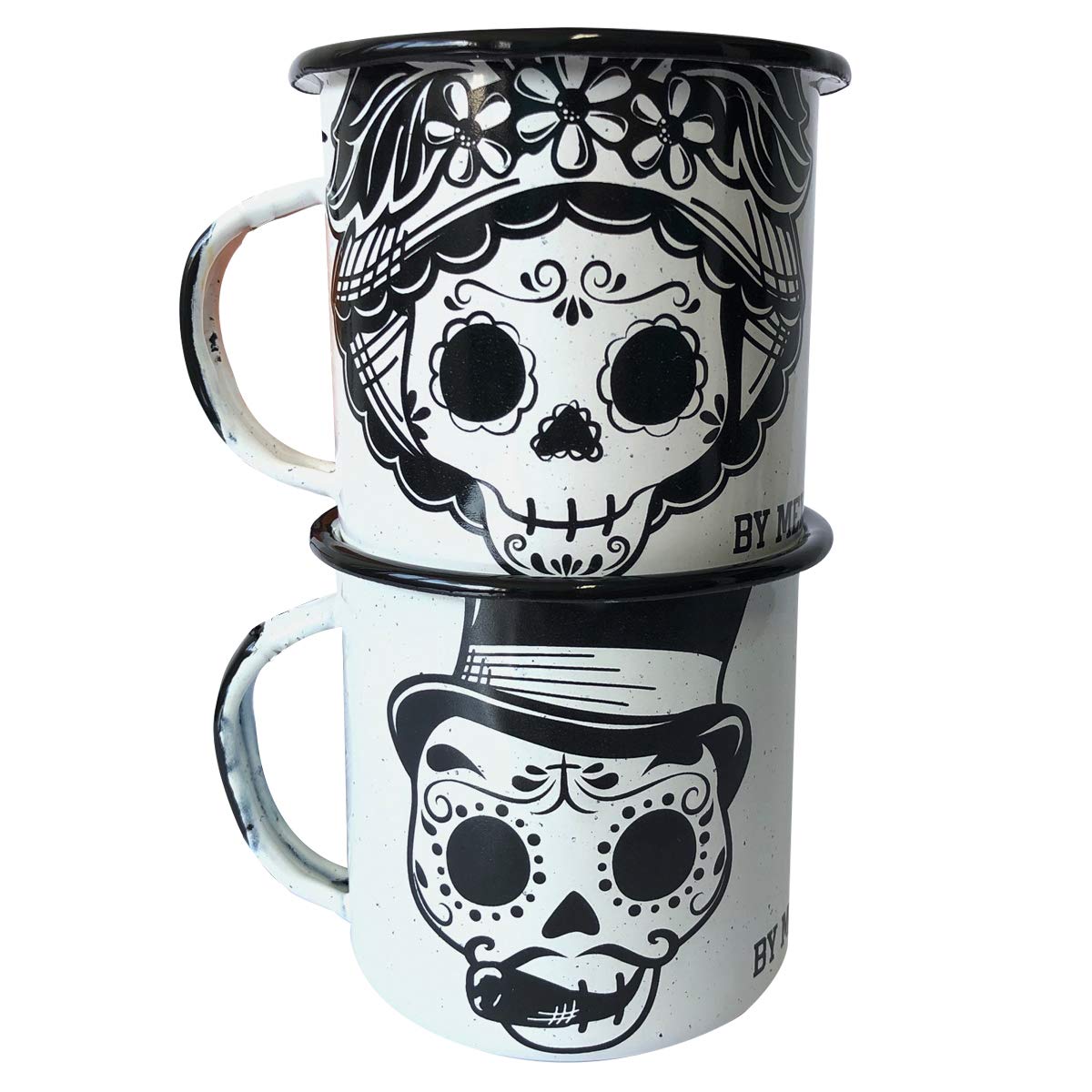 BY MEXICO Catrines White Pocillo de Peltre Duo, 12 oz. Enamel Mugs - 2 Piece Set