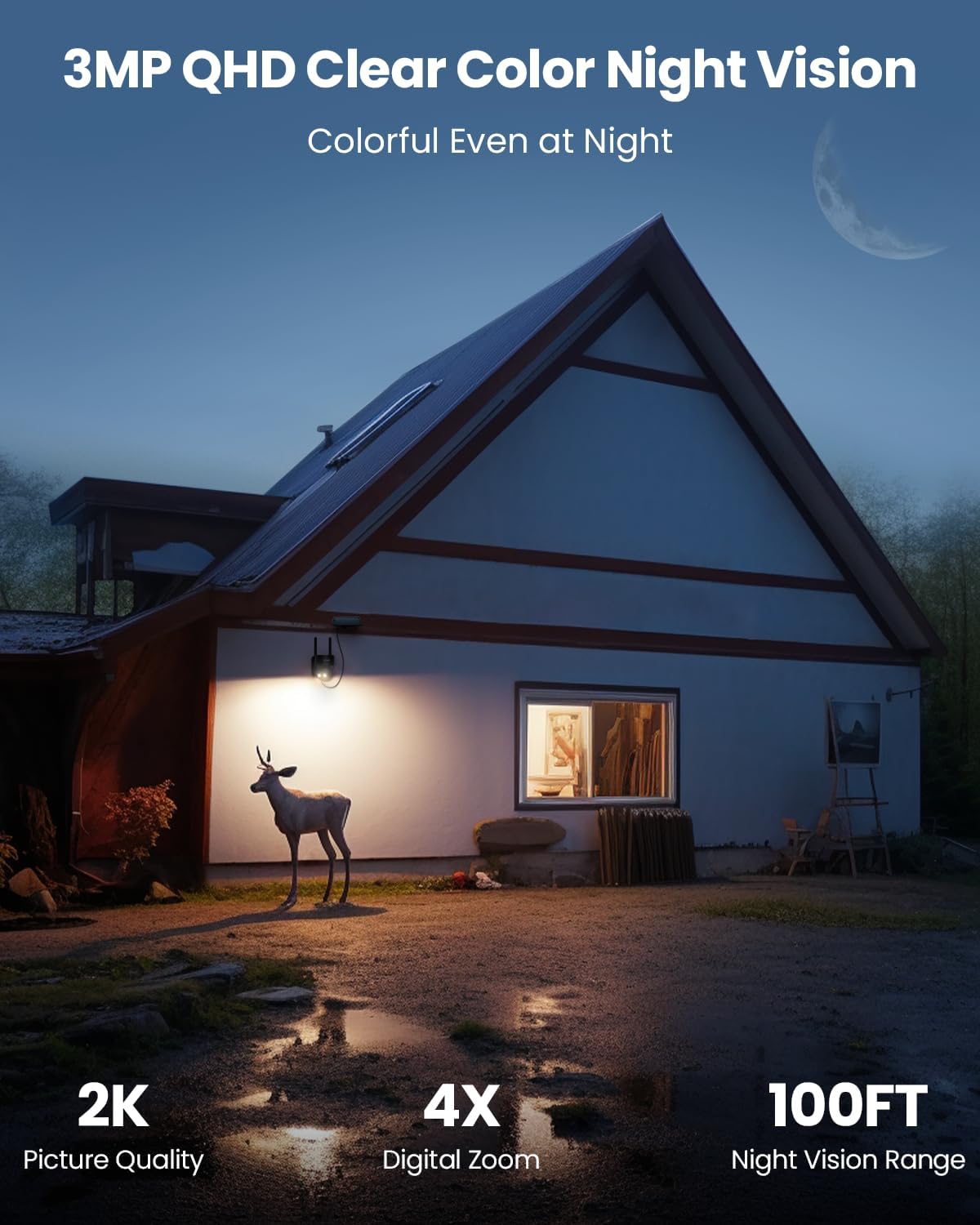 Outdoor scene at night with the ieGeek camera's spotlight illuminating the area for clear color night vision.