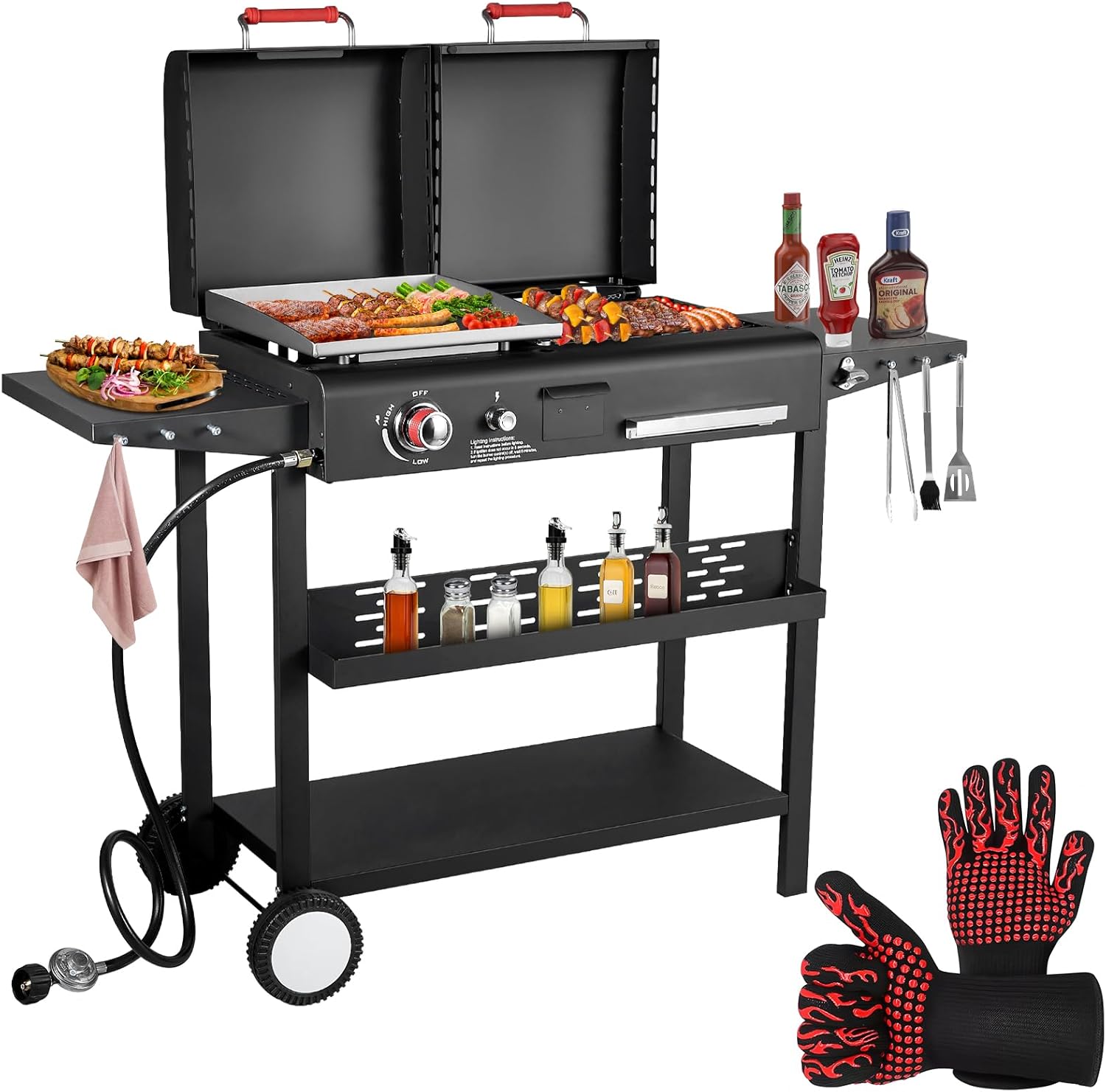 Propane Gas Griddle Charcoal Grill Combo Flat Top Griddle W/Dual Lids & 2 Side Shelves Dual Fuel BBQ Grill for Outdoor Barbecue