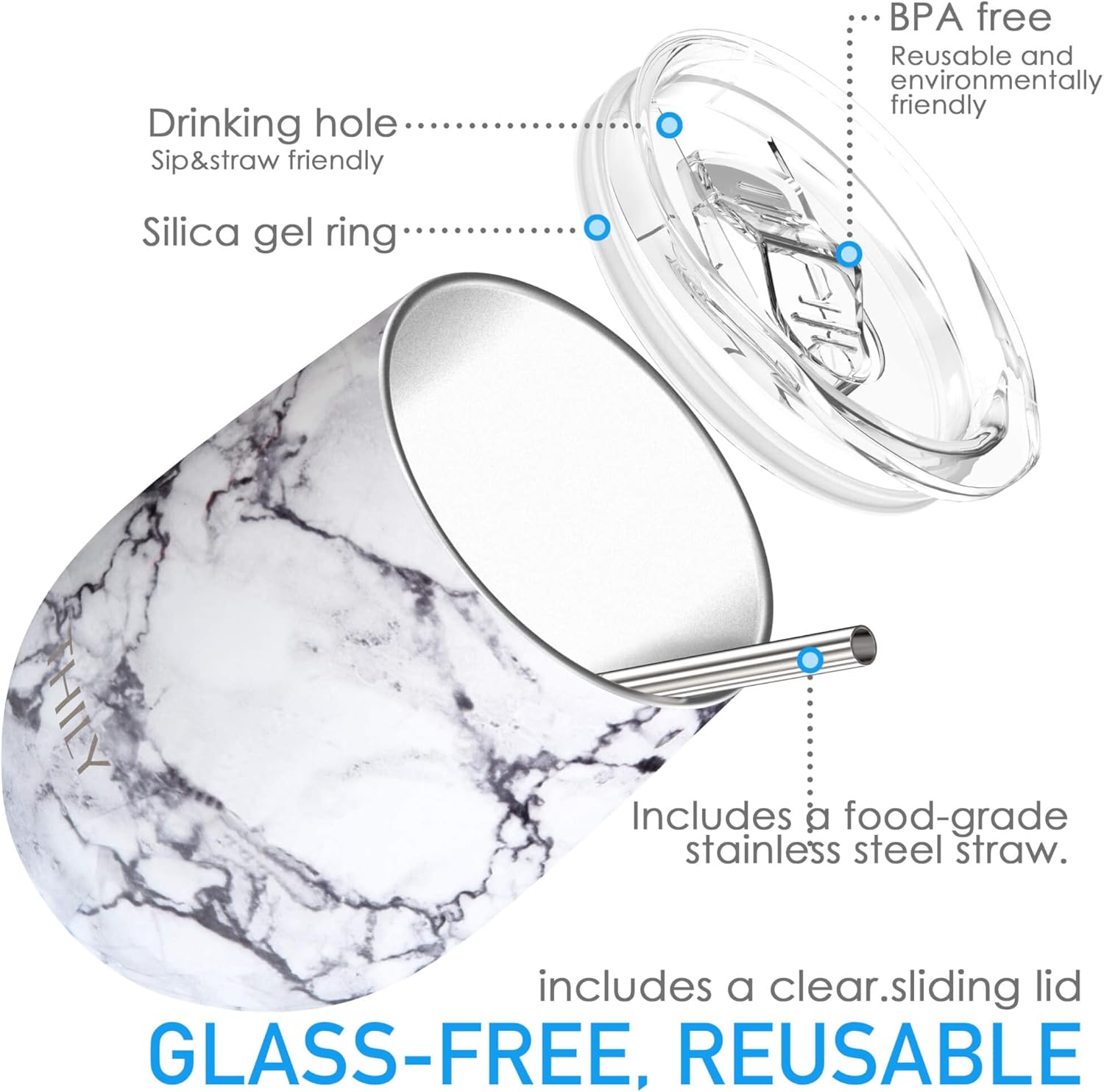 THILY Stainless Steel Stemless Wine Tumbler 12 oz Triple-Insulated Stemless Glass with Lid and Straw, Durable Reusable Travel Coffee Cup, Keep Hot or Cold for Wine, Coffee, Beer, Juice, White Marble - Image 3