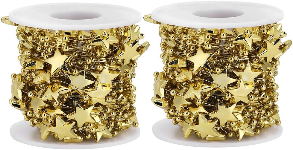 TOPINCN 2Pcs String Garland ABS Plastic FivePointed Star Pearls Beads String for Wedding Bridal Bouquet Christmas Decoration(Gold Five-Pointed)