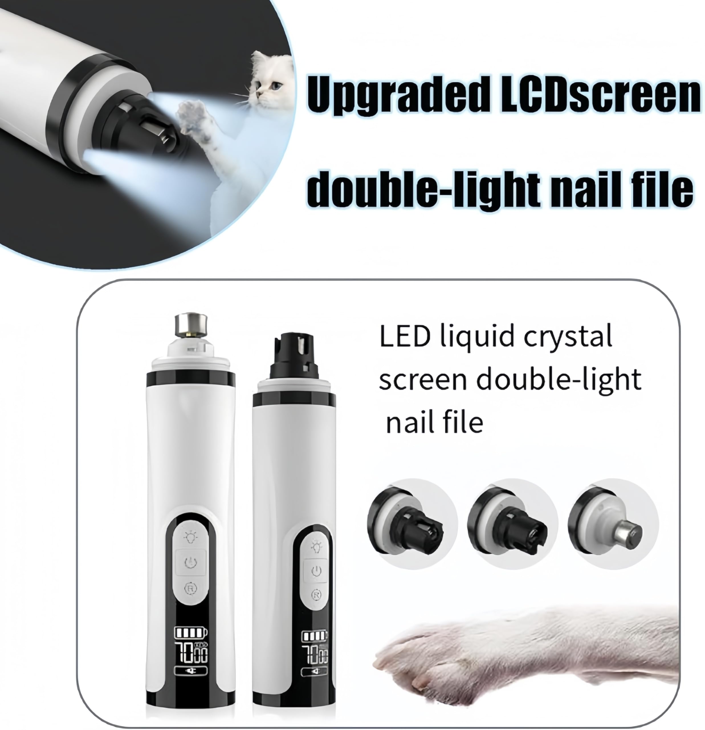 Lima per unghie a LED con 3 impostazioni di velocità, smerigliatrice per unghie delicate, strumento sicuro per toelettatura per artigli spessi e sensibili per animali domestici, cani, gatti, cani, per