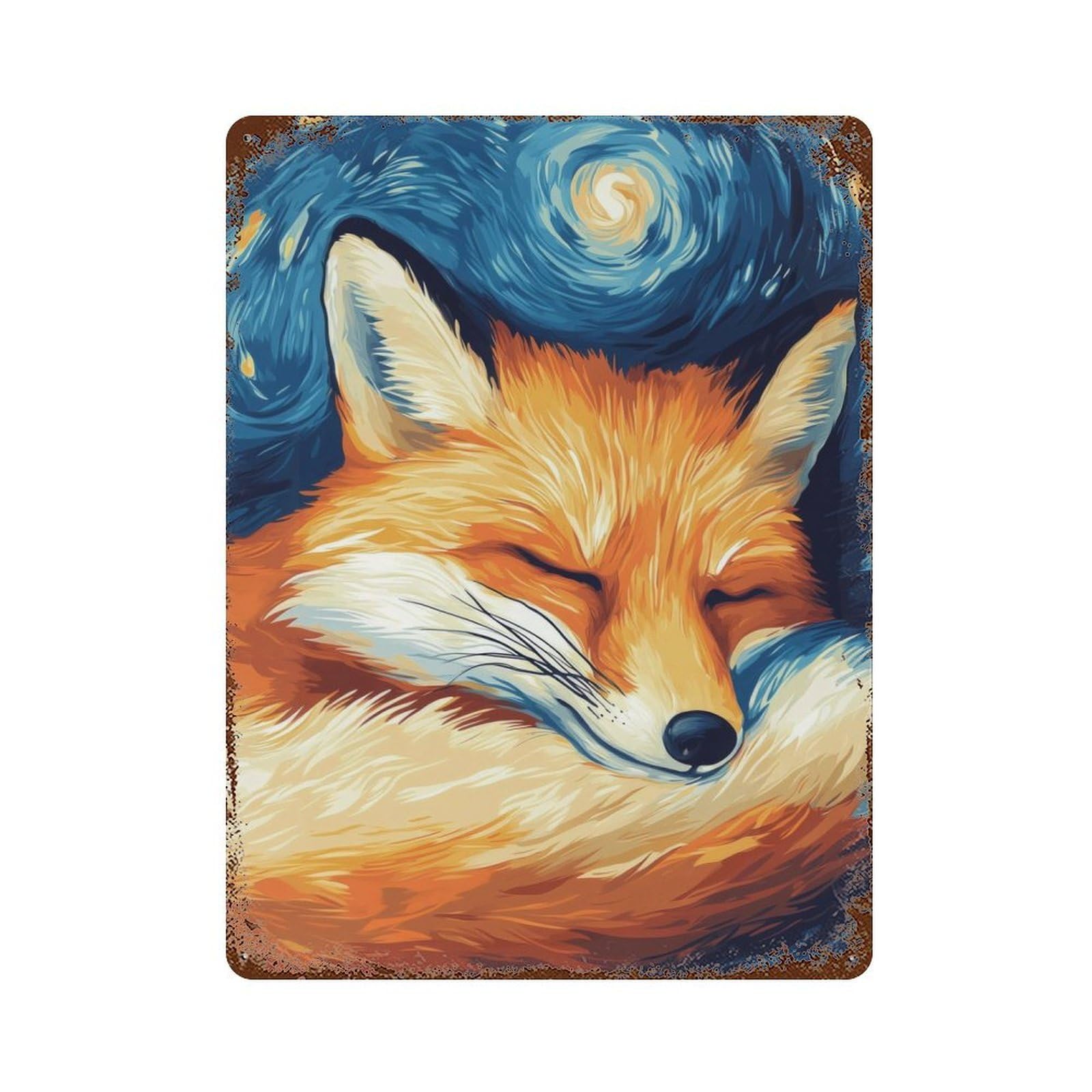 Distressed Metal Wall Sign with Sleeping Fox Starry Night Design 15.7"x11.8", for Living Room, Hallway And Home Decor, Vintage Wall Decor
