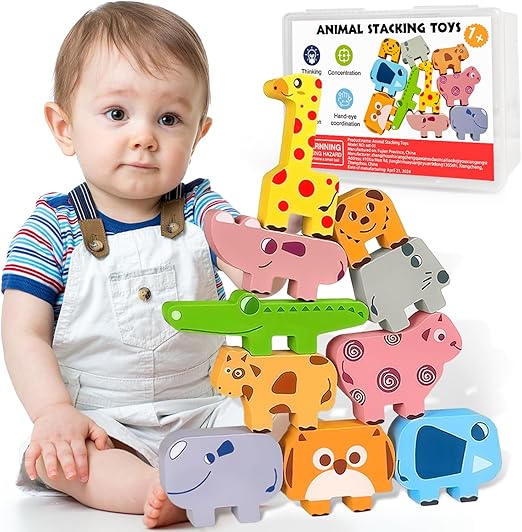 Montessori Toys for 1 2 3 4 Year Old Boys Girls, Toddler Toys Age 2-4, 1 2 3 4 Year Old Girl Boy Birthday Gifts, 10 pack Wooden Animal Blocks Sorting & Stacking Education Toddler Puzzles Toy