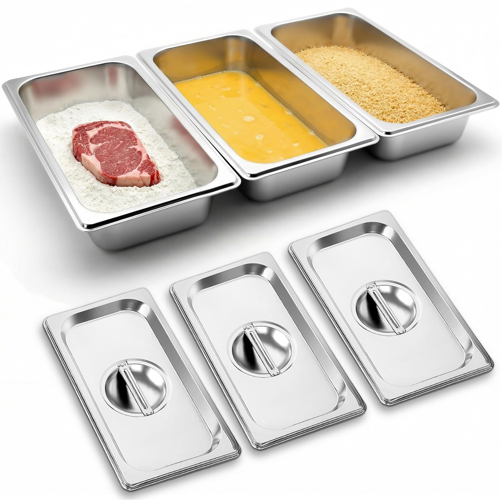 Set di 3 vaschette per impanare, set per impanare in acciaio inossidabile 32,5 x 17,5 x 6,5 cm facili da pulire, impilabili Vaschette per impanare carne, pesce e verdure