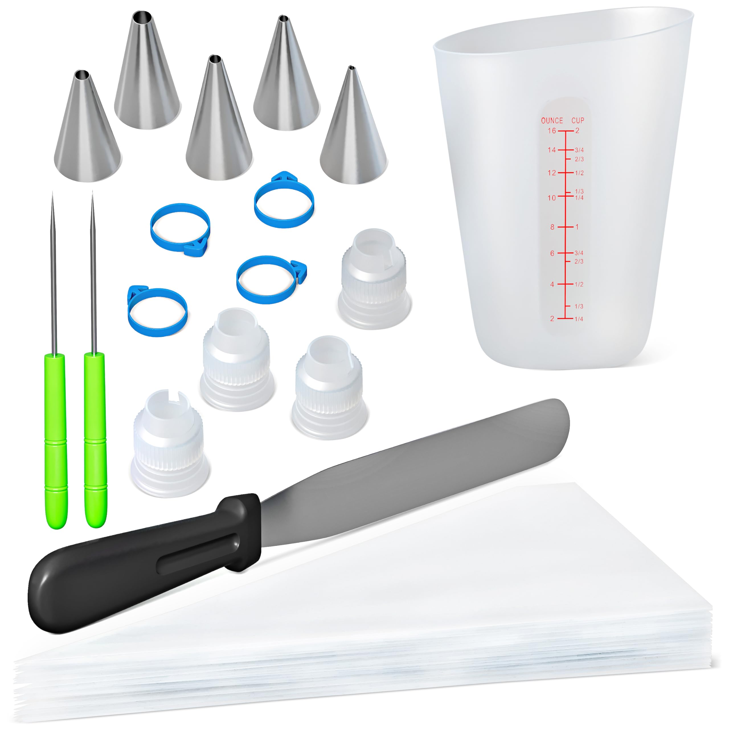 Bakerpan Royal Icing Tools Set, Royal Icing Cookie Supplies, Spatula, Piping Bags, Cup, Couplers, Bag Clamps, Piping Tips, Needle Scribes