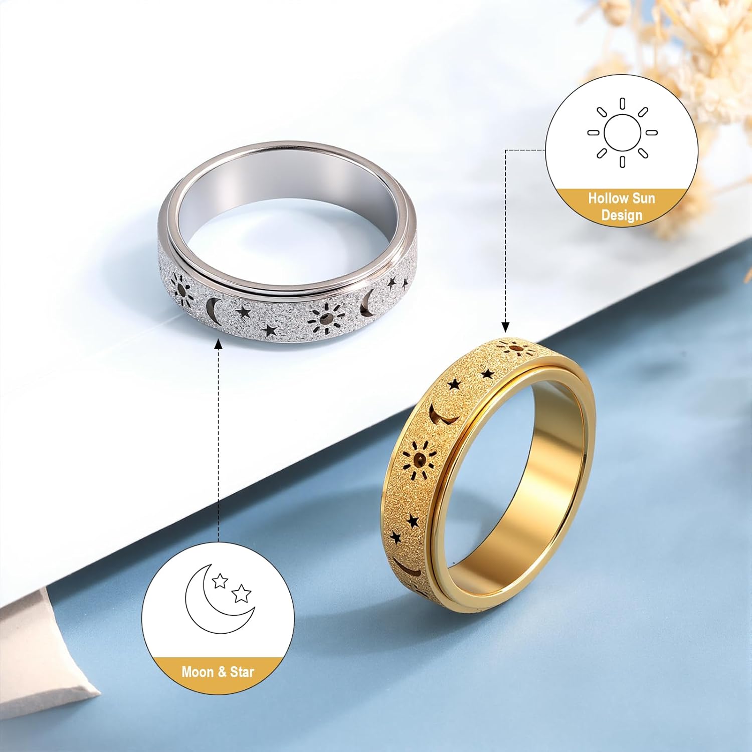 OreilleStar Fidget Anxiety Ring for Women: Sun Moon Star Symbols Stress Relief Thumb Spinner Ring Stainless Steel Toys Adults Gift for Men Silver Gold Plated Size 5-12 - Image 5