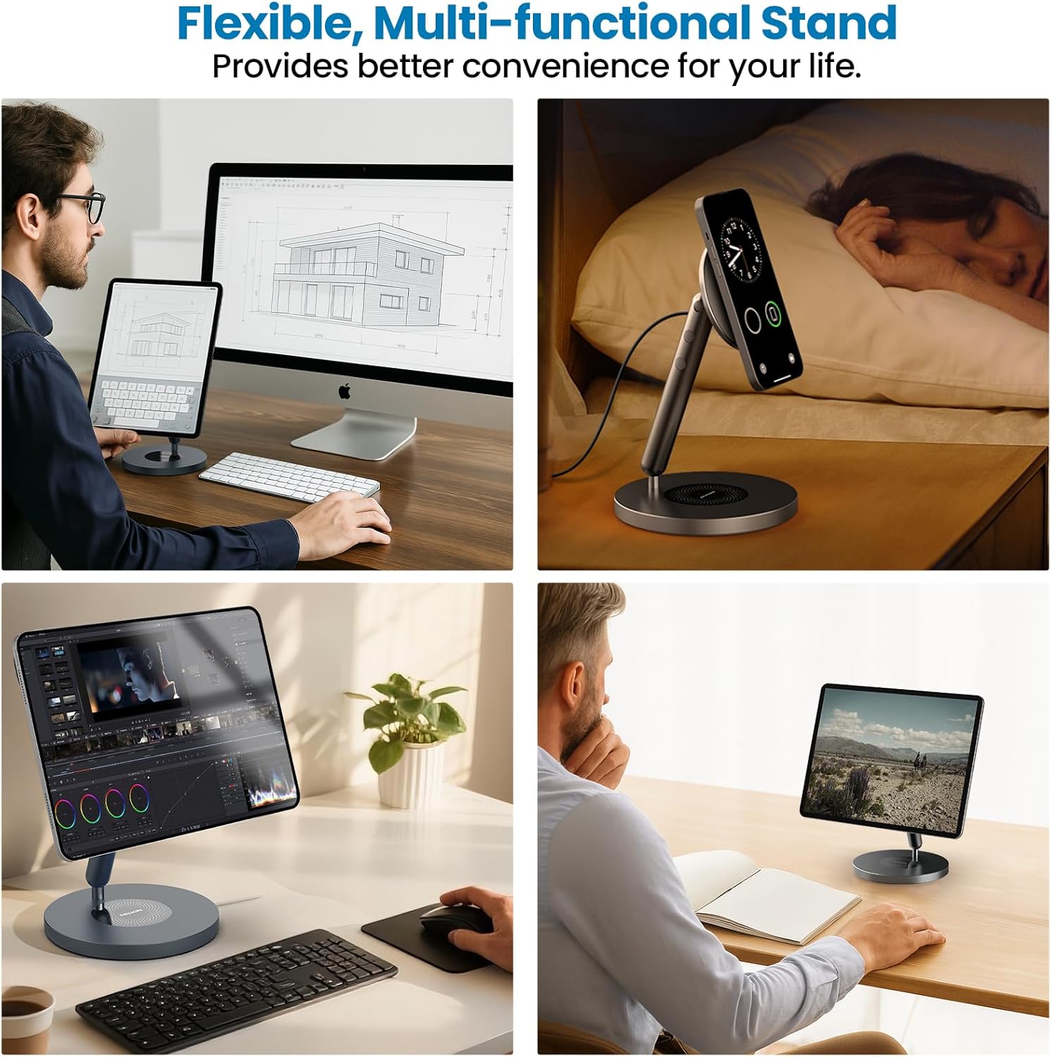 Nillkin Magnetic iPad Stand for Desk, MagSafe Wireless iPhone Charger Stand, 360° Rotating Base, Adjustable Aluminum Tablet Holder for Work, Office, Home, Kitchen Use